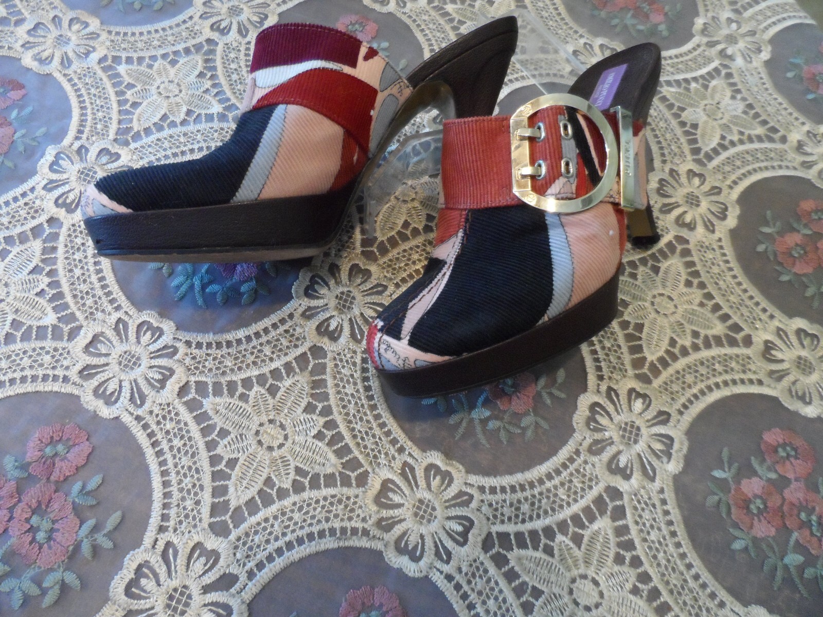 Emilio Pucci Brown Multi Color Corduroy Mules w/Gold LOGO Buckled Size 37.5B