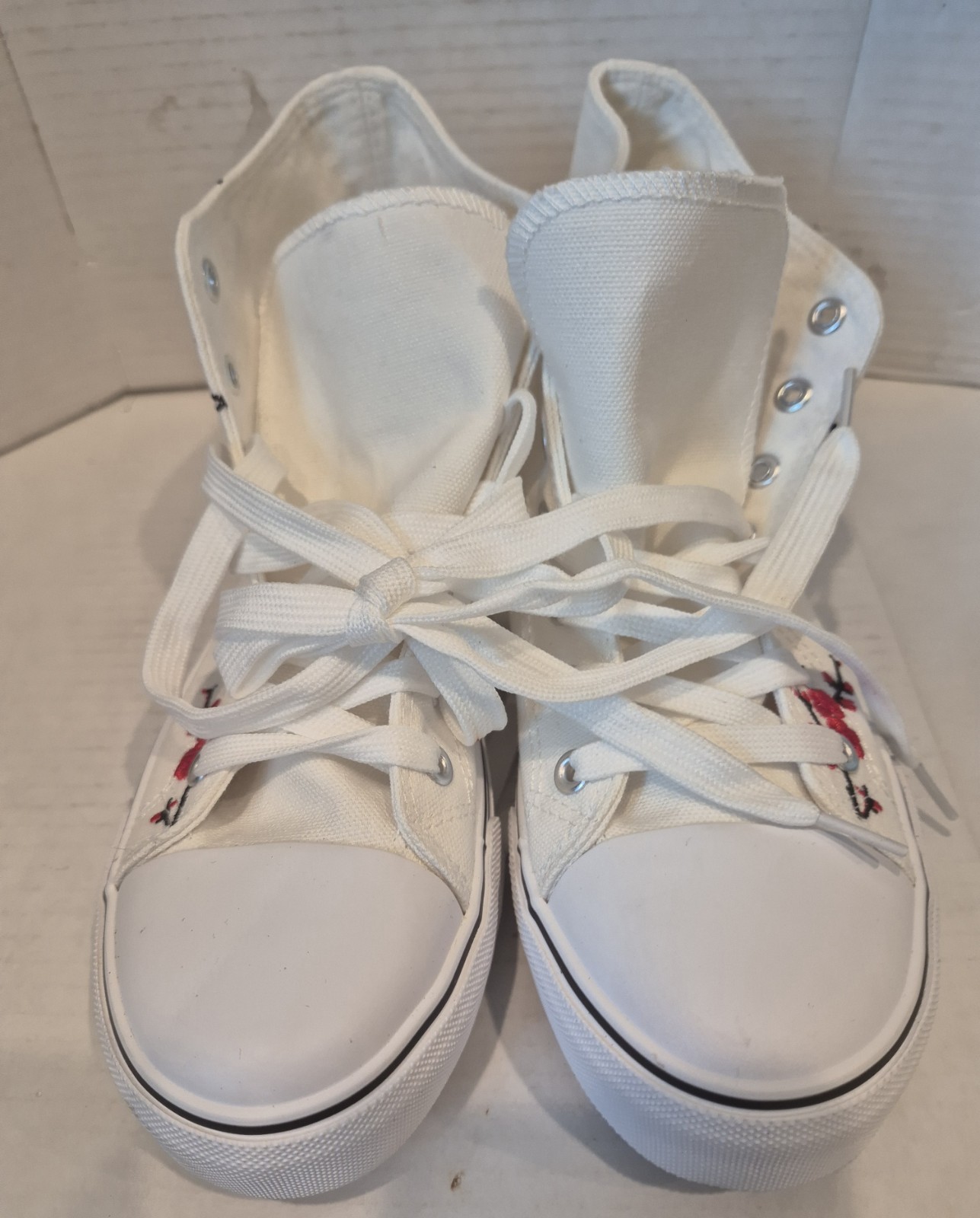 Women’s White Cherry Blossom Embroidered High Top Canvas Sneakers Size 8