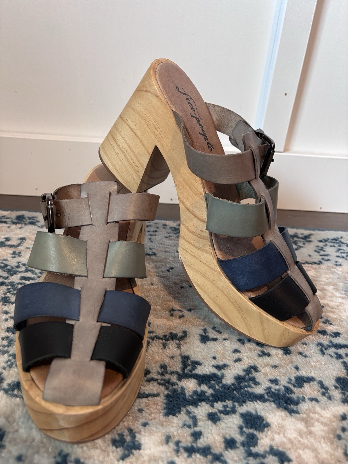 Free People Bellevue Platform Clog Blue Gray Ombre Strap Fisherman 39/8.5 NEW