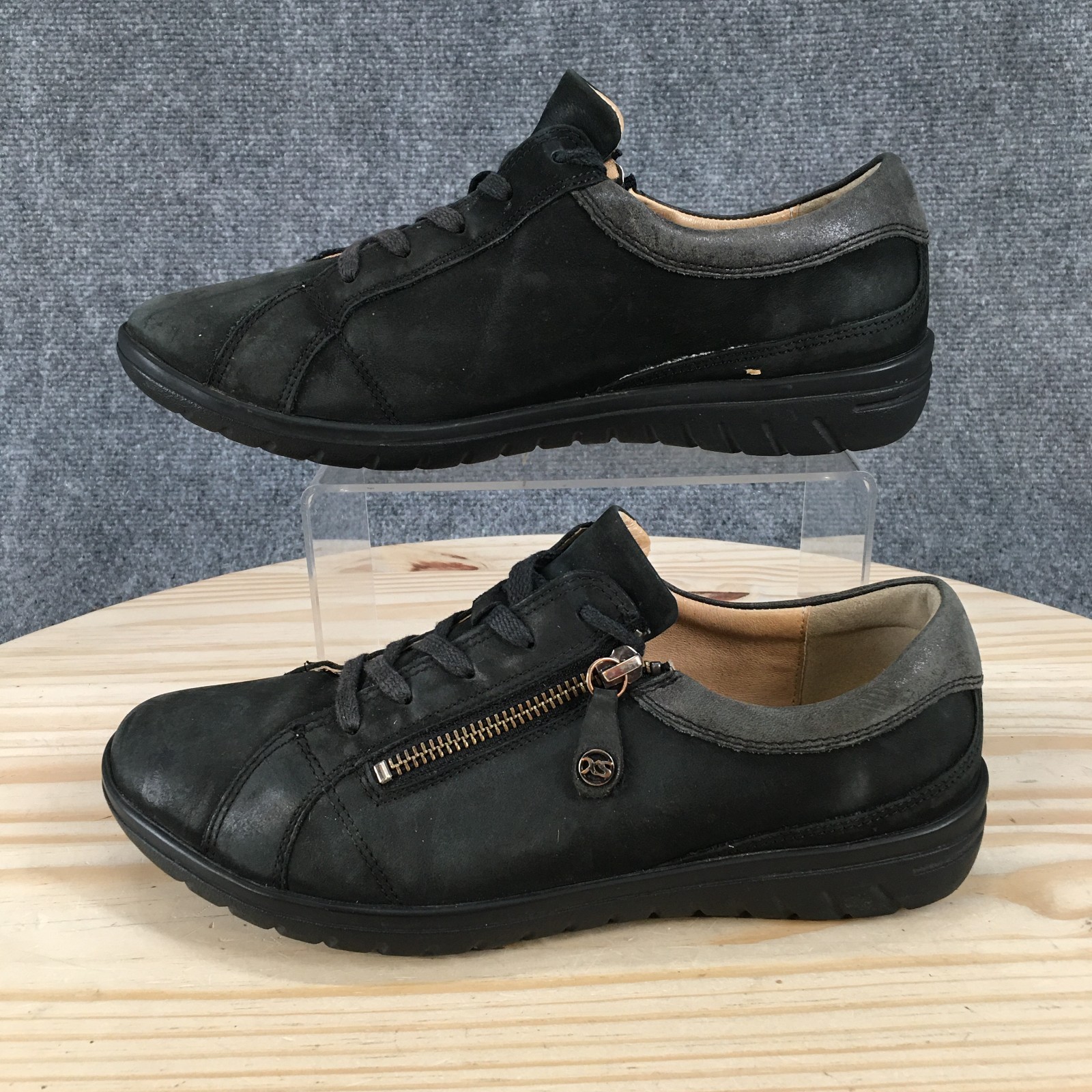 Hartjes XS Shoes Womens 8 Casual Side Zip Lace Up Sneakers Black Gray Leather
