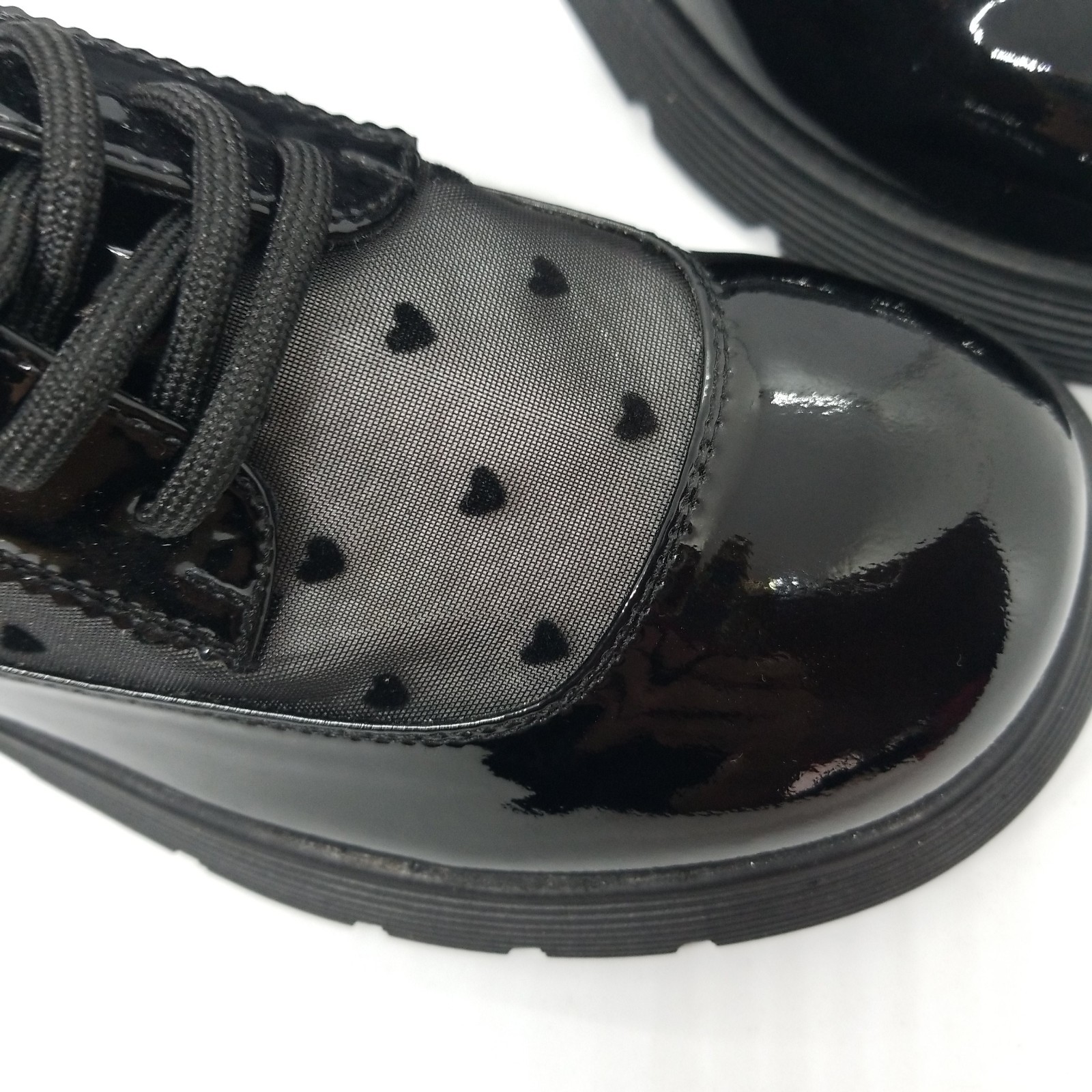 Size 8 Black Man Made Leather Black &Sheer Hearts Oxford Shoes Grunge