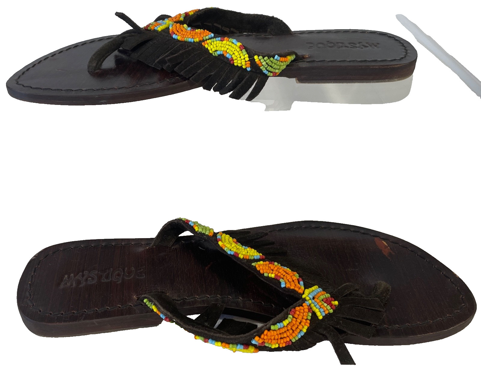 MYSTIQUE Handmade Beaded Suede Leather Fringe Thong Sandal 9 fits 8 Brown $240
