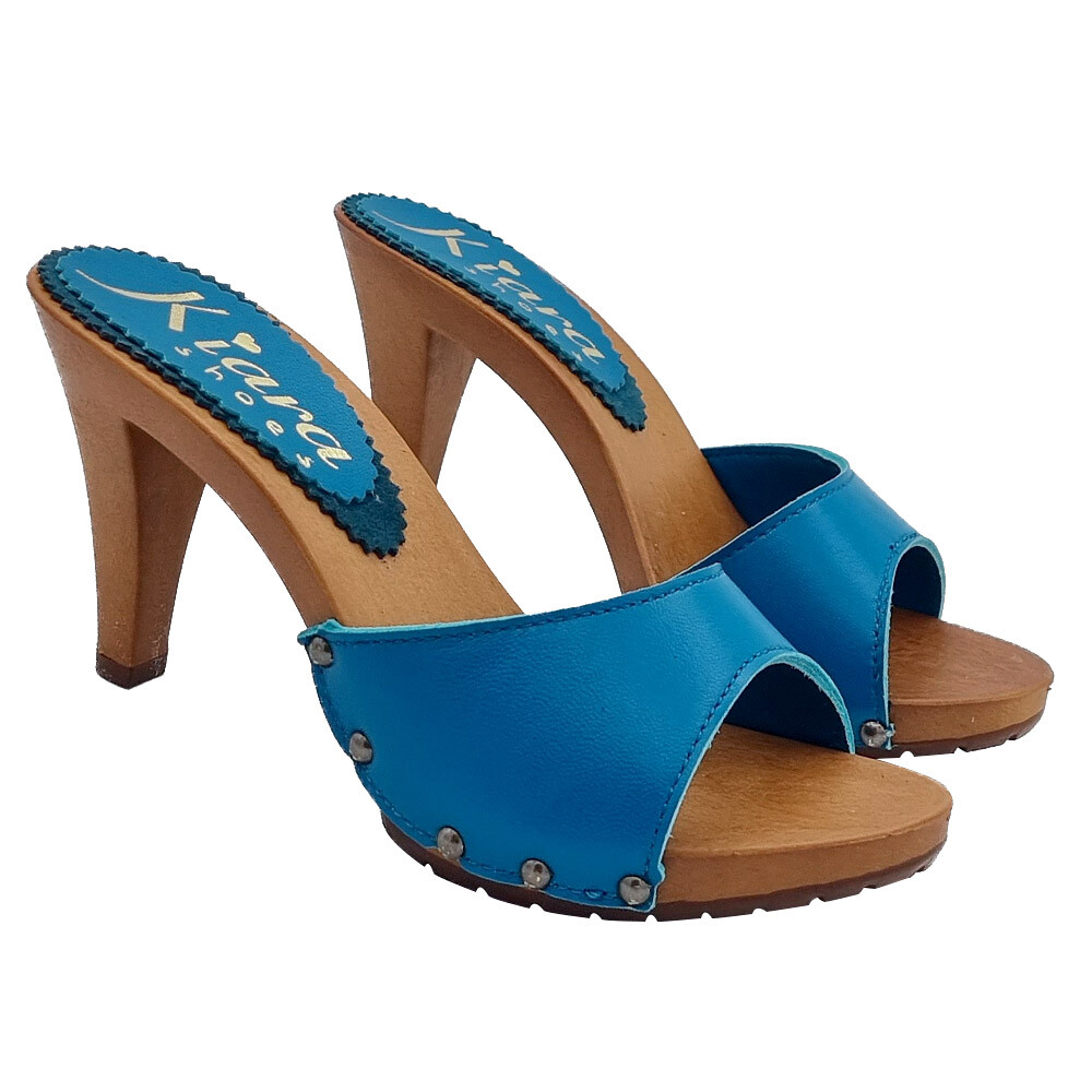 Royal Blue Leather Clogs With 9 Heel – Made In Italy – K639001 ROYAL BLUE