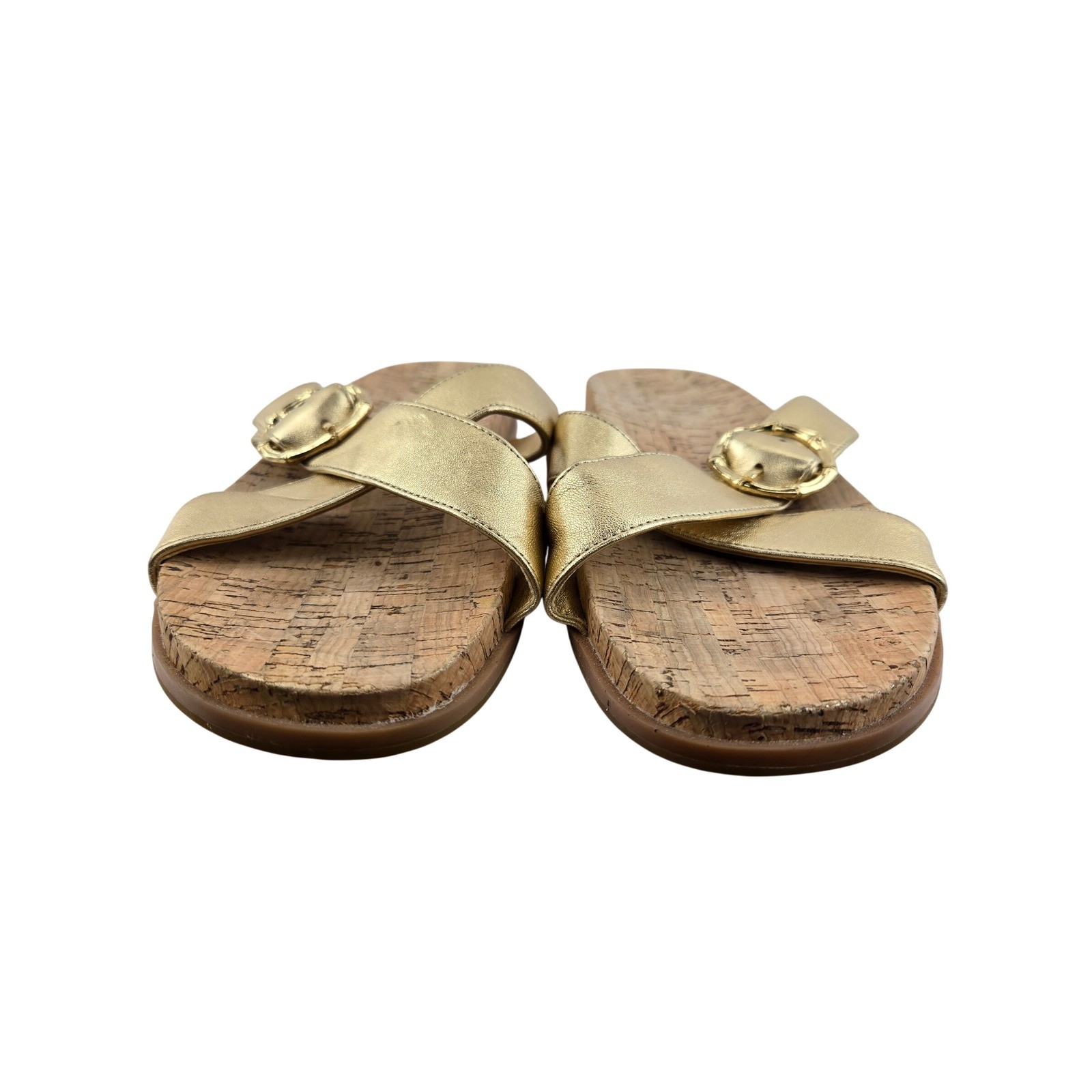 Lilly Pulitzer Bayshore Gold Metallic Leather Cork Slide Sandals Buckle 10 M