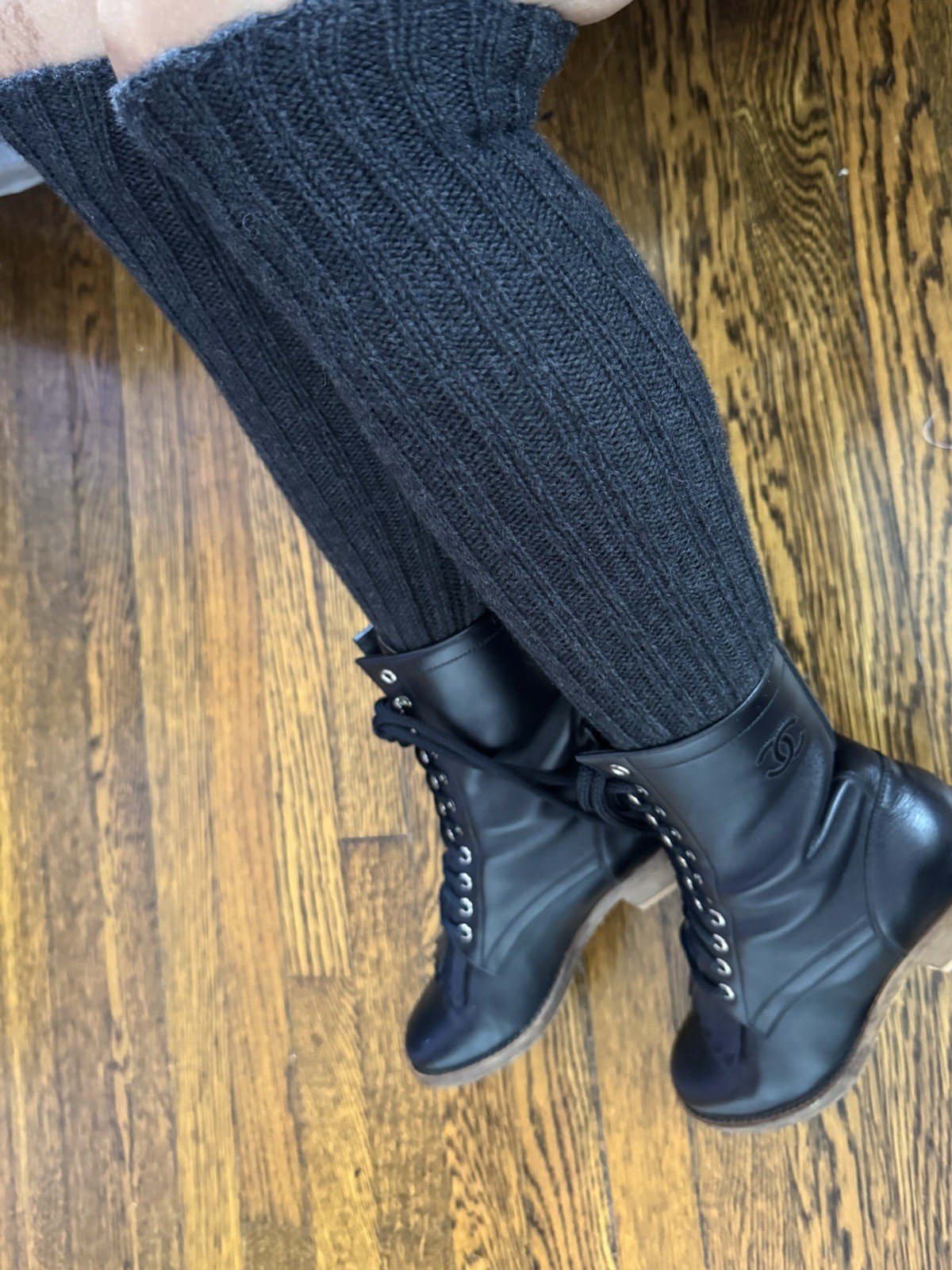Chanel Black Leather Lace Up Combat Knit Sock Boots Size 38 EU