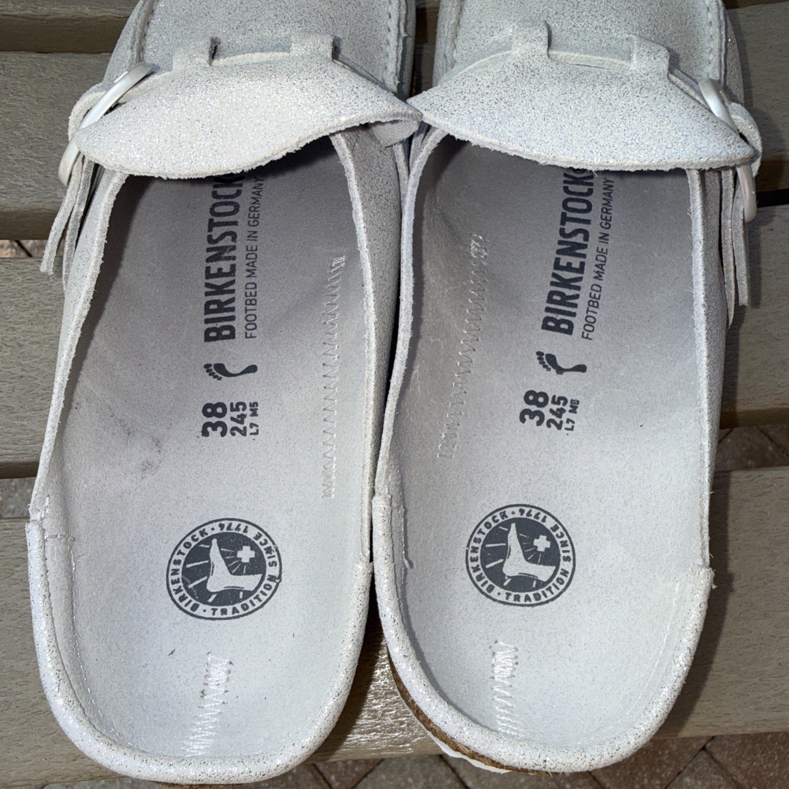 NWOB Birkenstock Buckley Metallic Silver Washed Leather Clogs EU 38 N US 7-8