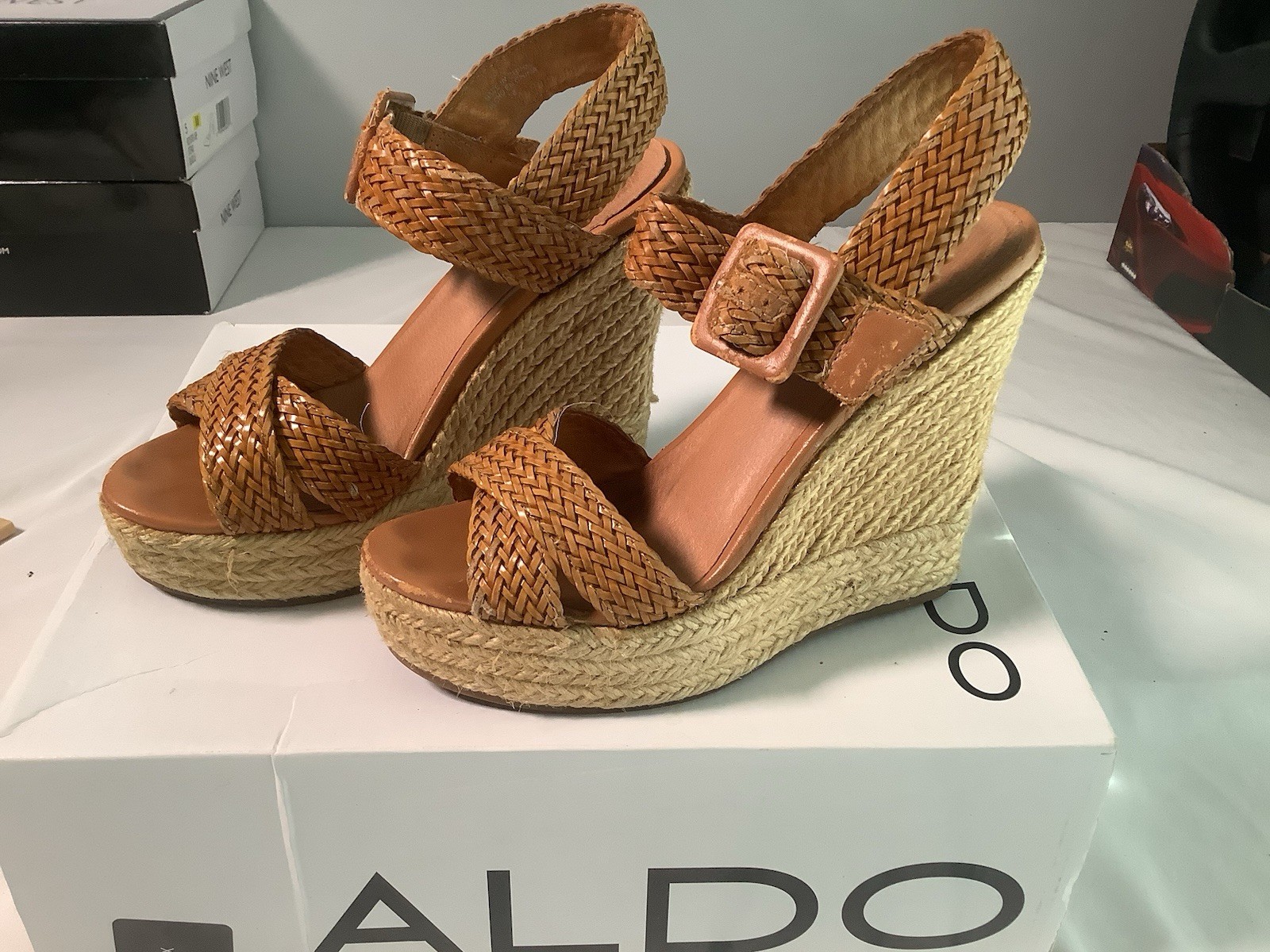 Aldo Wedge Platform Sandals Shoes Size 5.5 36b Tan With Box S2