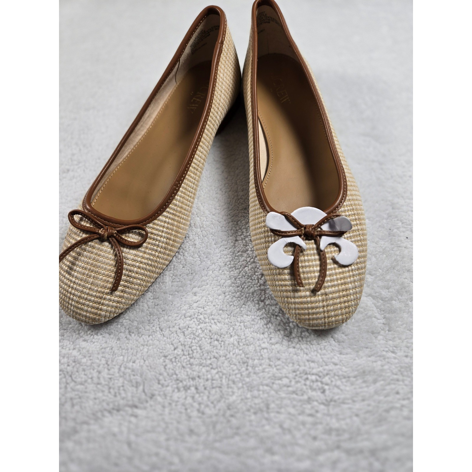 J.Crew Womens Raffia Woven Ballet Flats Brown Leather Trim Bow Tan Size 8.5