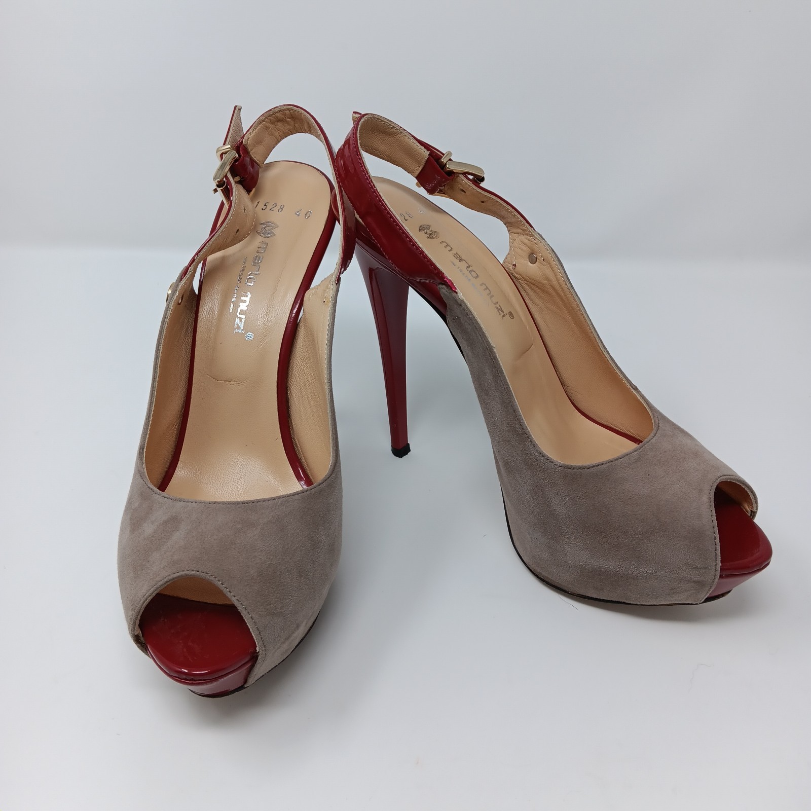 Mario Muzi Suede Red Patent Platform Slingback Peep Toe 5in Heels EU 40 US 9 9.5