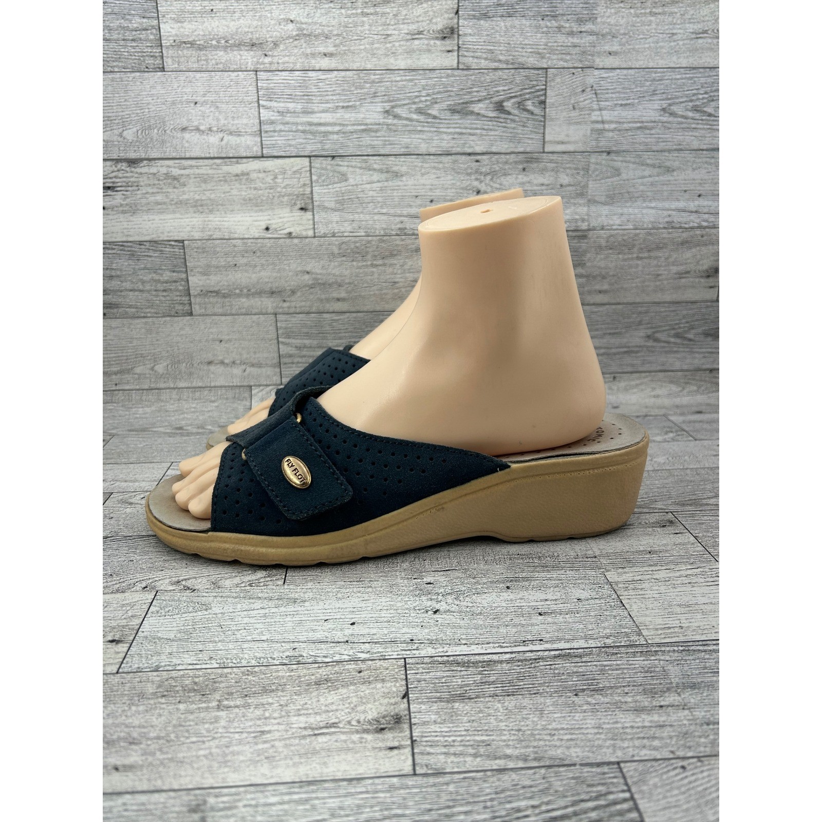 FLY FLOT Women Navy Blue Leather Perforated Slide Sandals Comfort Sz EU 39 US 8