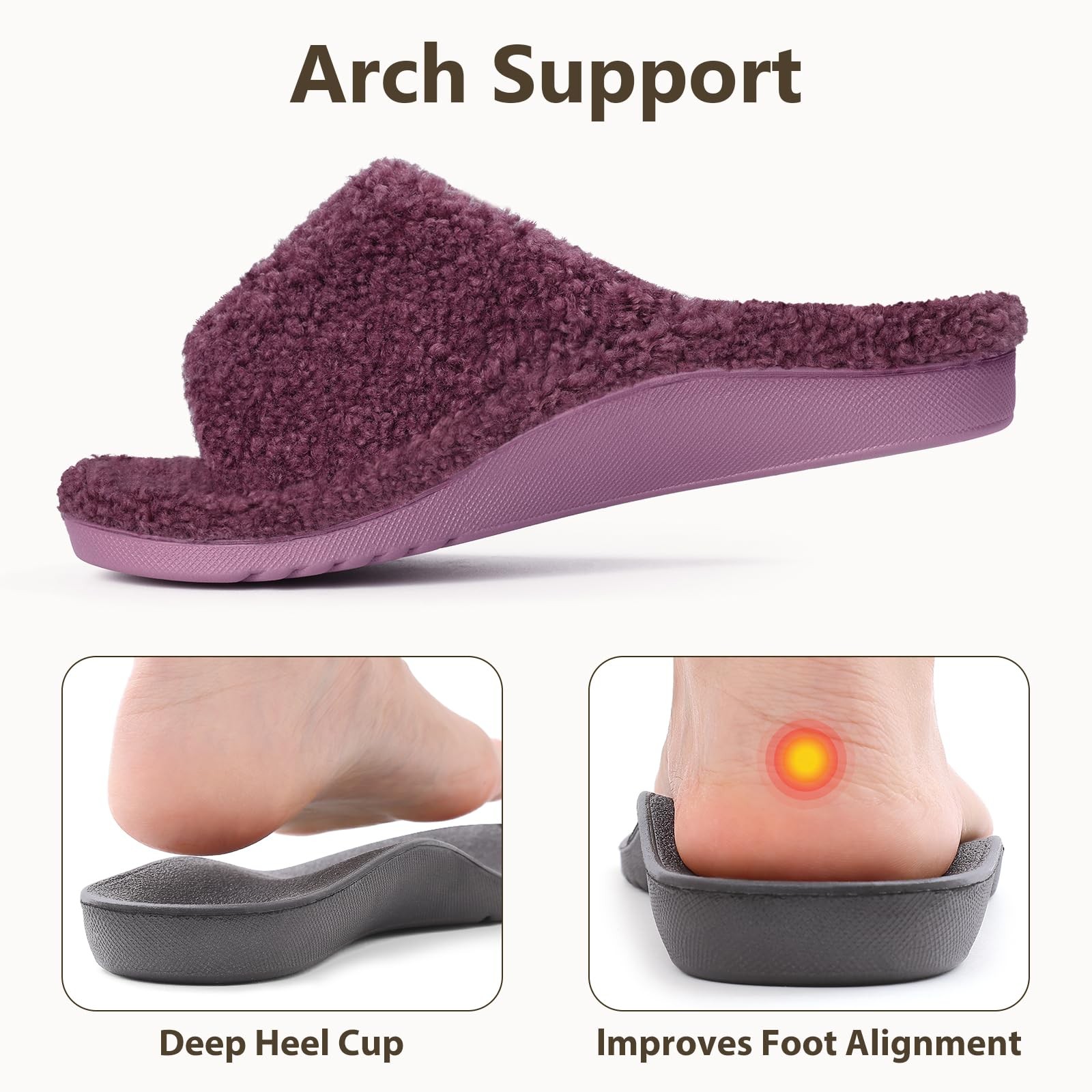 Litfun Womens Fuzzy Arch Support Slippers 5.5-6 Women/4-4.5 Men, Purple Nubby
