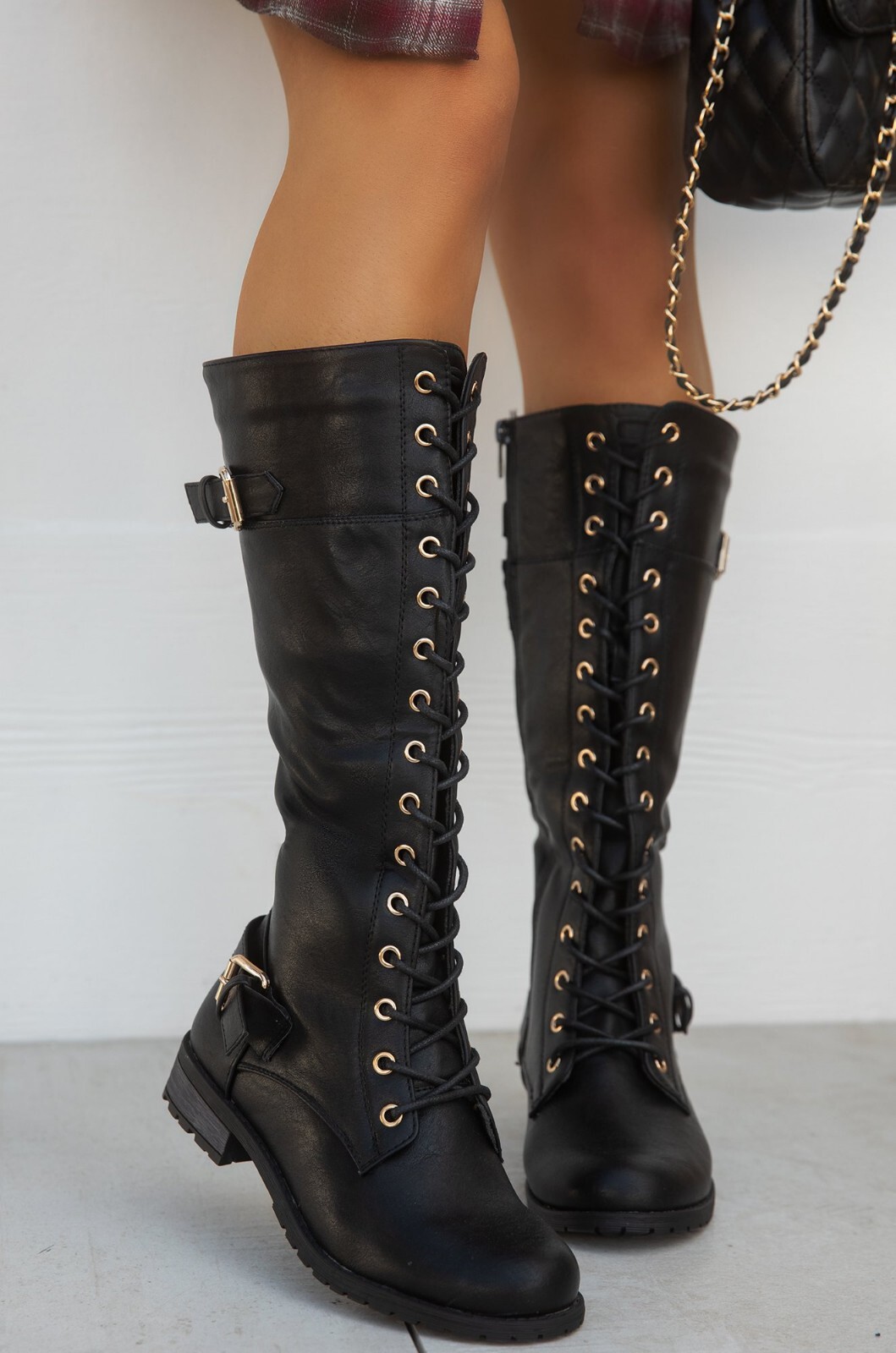 New Black Lace-Up Knee High Combat Military Boots Lug Sole Block Heel Round Toe