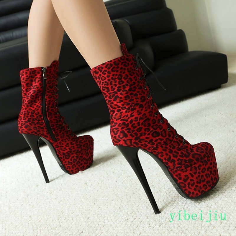 Womens Super High Heel Ankle Boots Leopard Platform Performance Shoes Nightclub