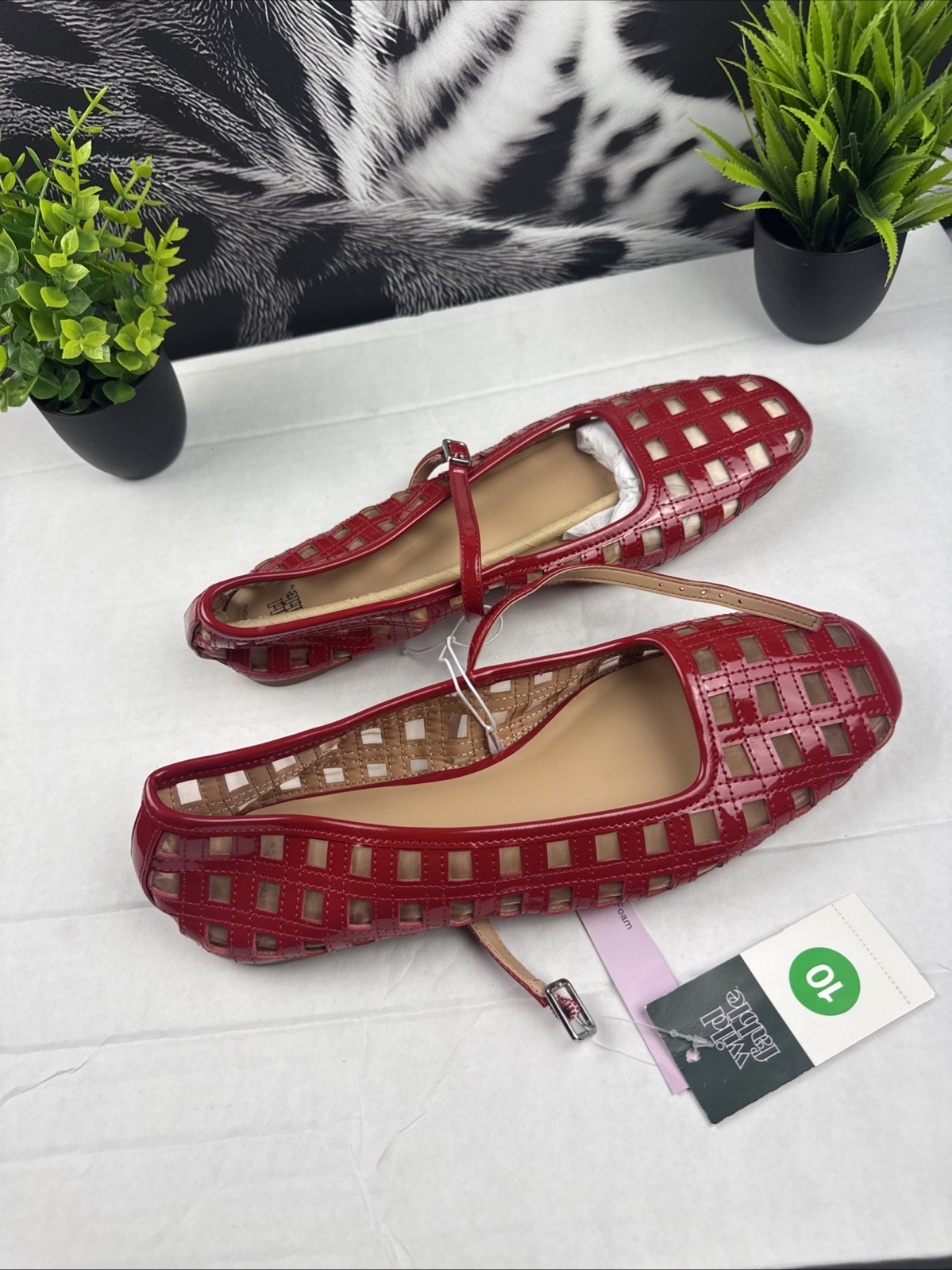 red Wild Fable Lorelei Woven Mary Jane flats feature a lattice-style