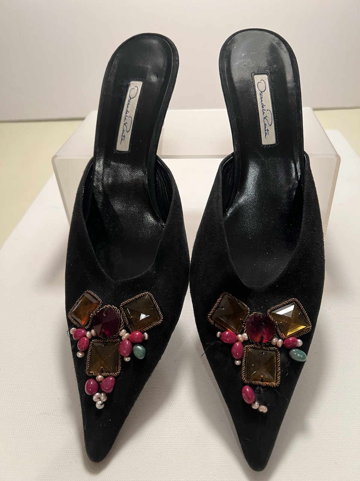 Oscar De La Renta Black Suede Embellished Kitten Heel Mules 10 1/2 B Evening EUC