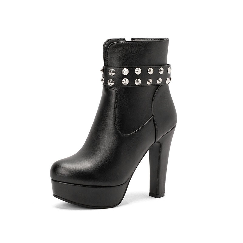 Womens Club Ankle Boots Block High Heels Platform Round Toe Zipper Rivets Shoes