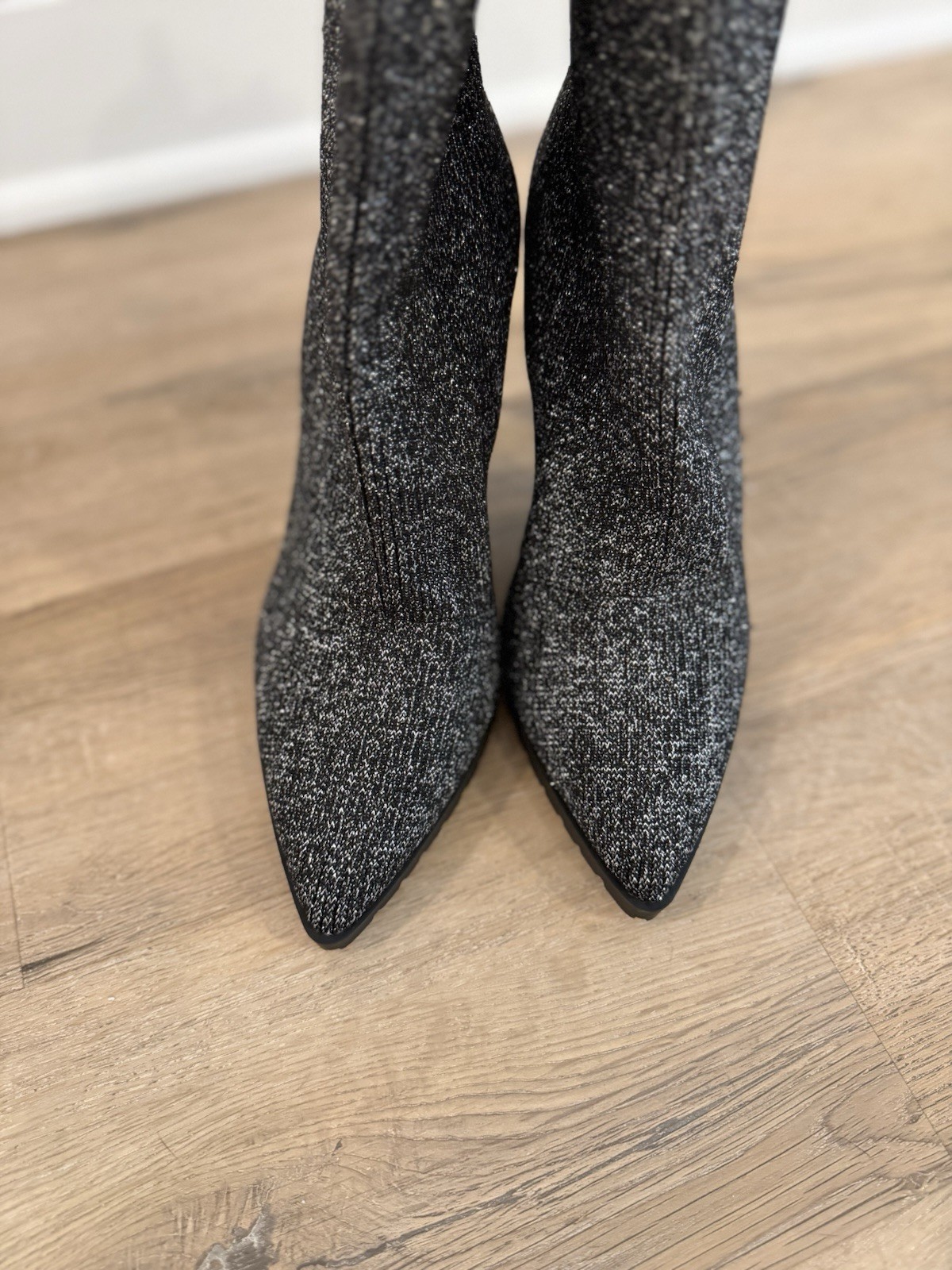 MIX No. 6 Black Silver Glitter Sock Ankle Boots Stiletto Heel Booties Women’s 7