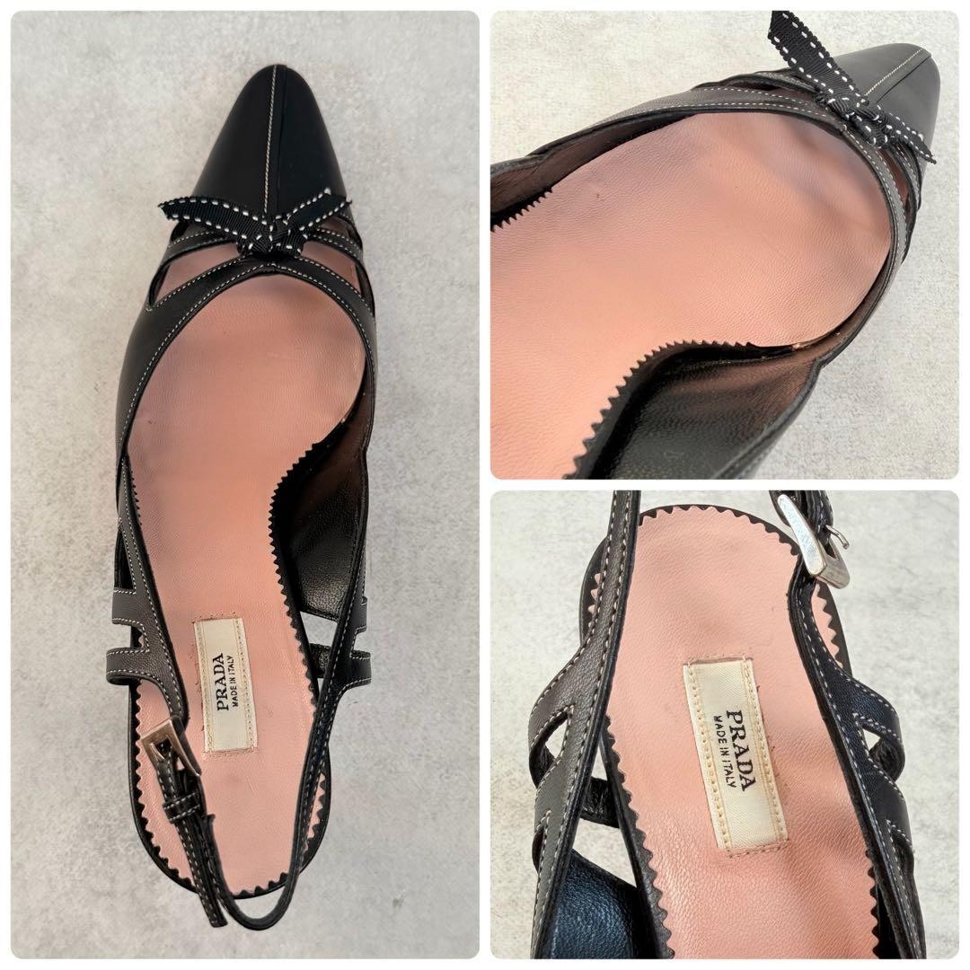 Prada Stitched Bow Slingback Heels Black Leather Women’s US 6 UK 3.5 EU 36 Pumps
