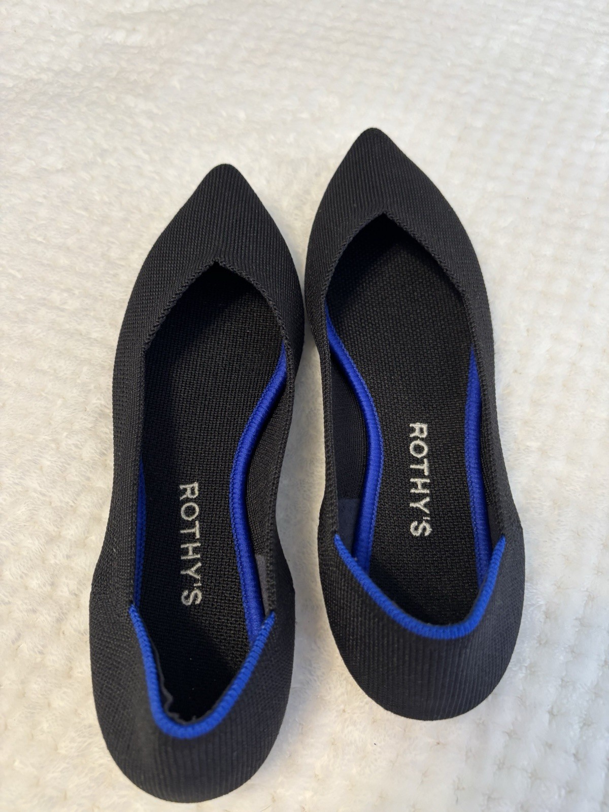 Rothy’s Women’s Pointed Toe Knit Slip-On Flats Black/Blue Trim Size 6.5