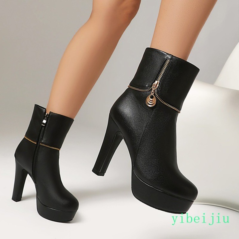 Womens Fall Winter High Heel Platform Ankle Boots Dress Side Zip Leather Casual