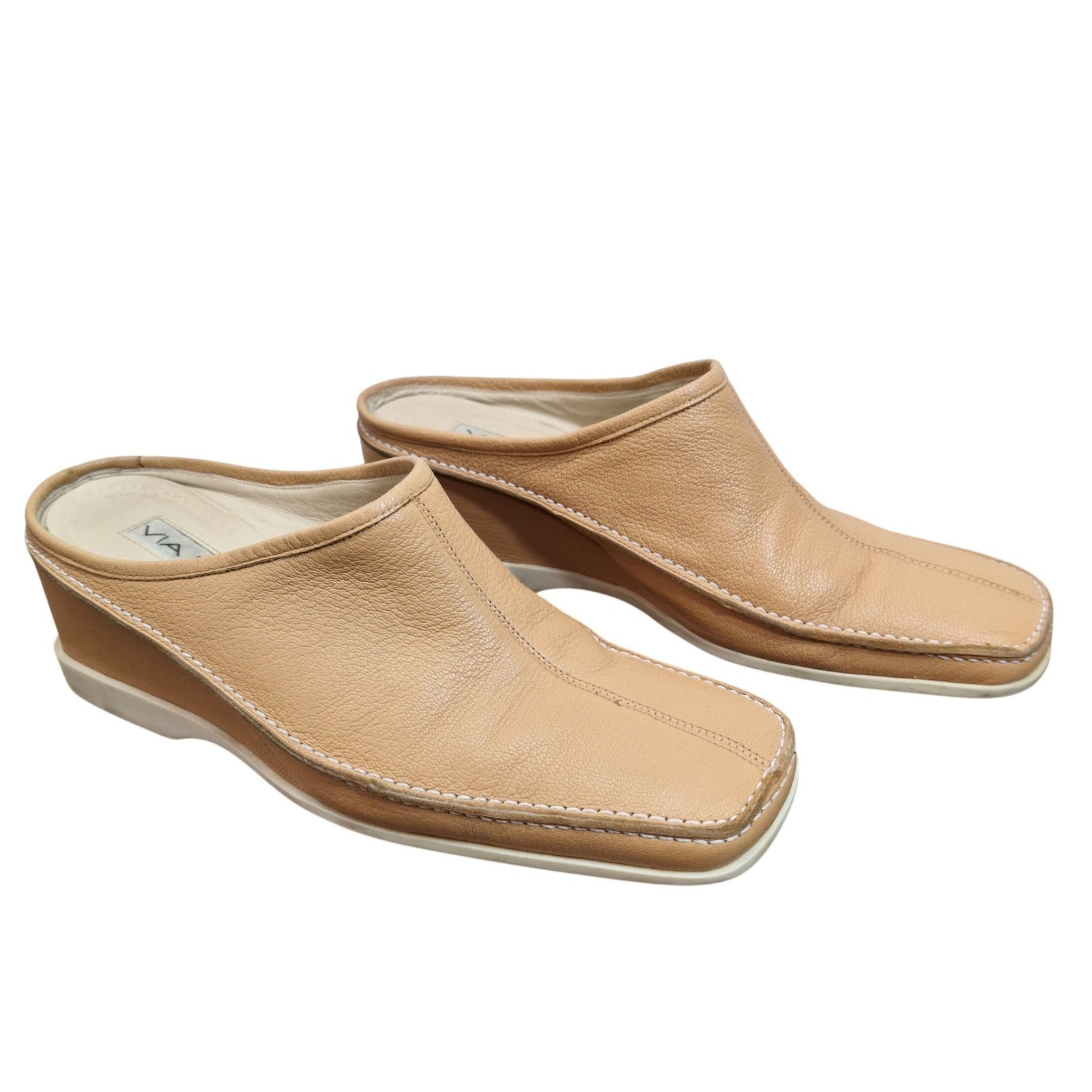 Via Spiga Tan Leather Wedge Mules Square Toe Made in Italy Women’s 8.5 M Beige
