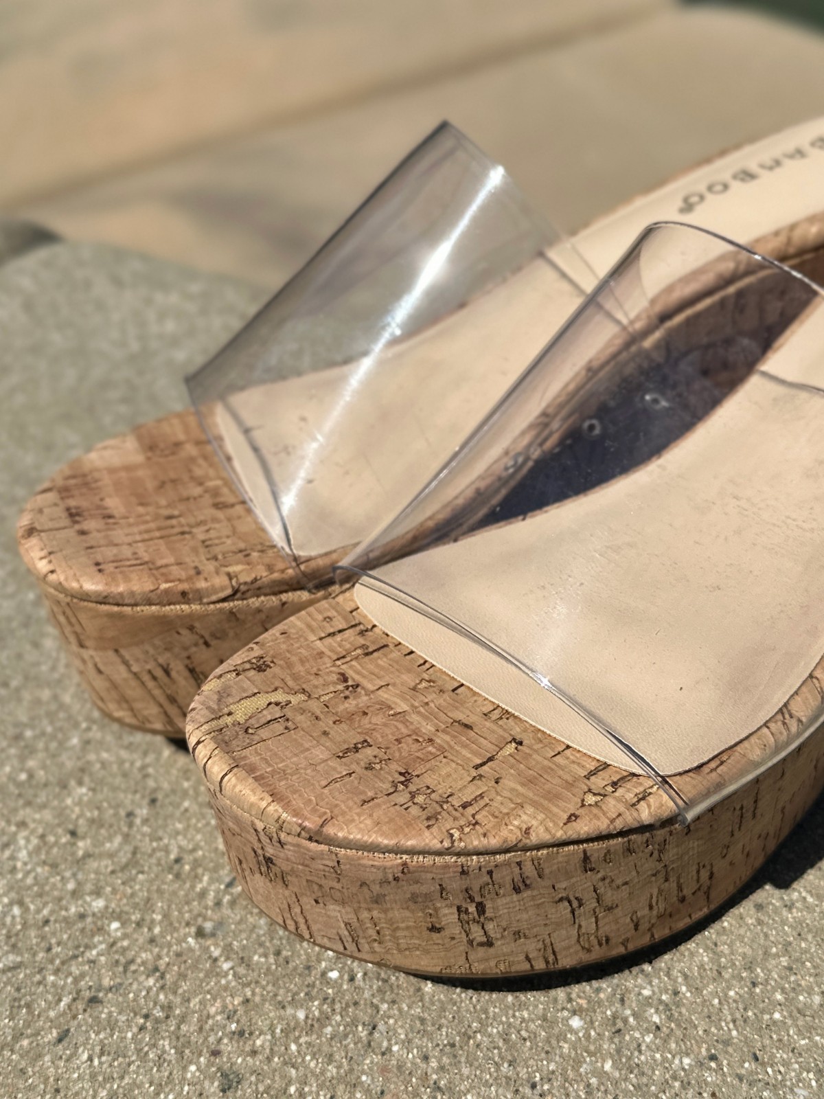 NEW Transparent Clear Open Toe Cork Platform Med Wedge Heel Slide Sandals Mules