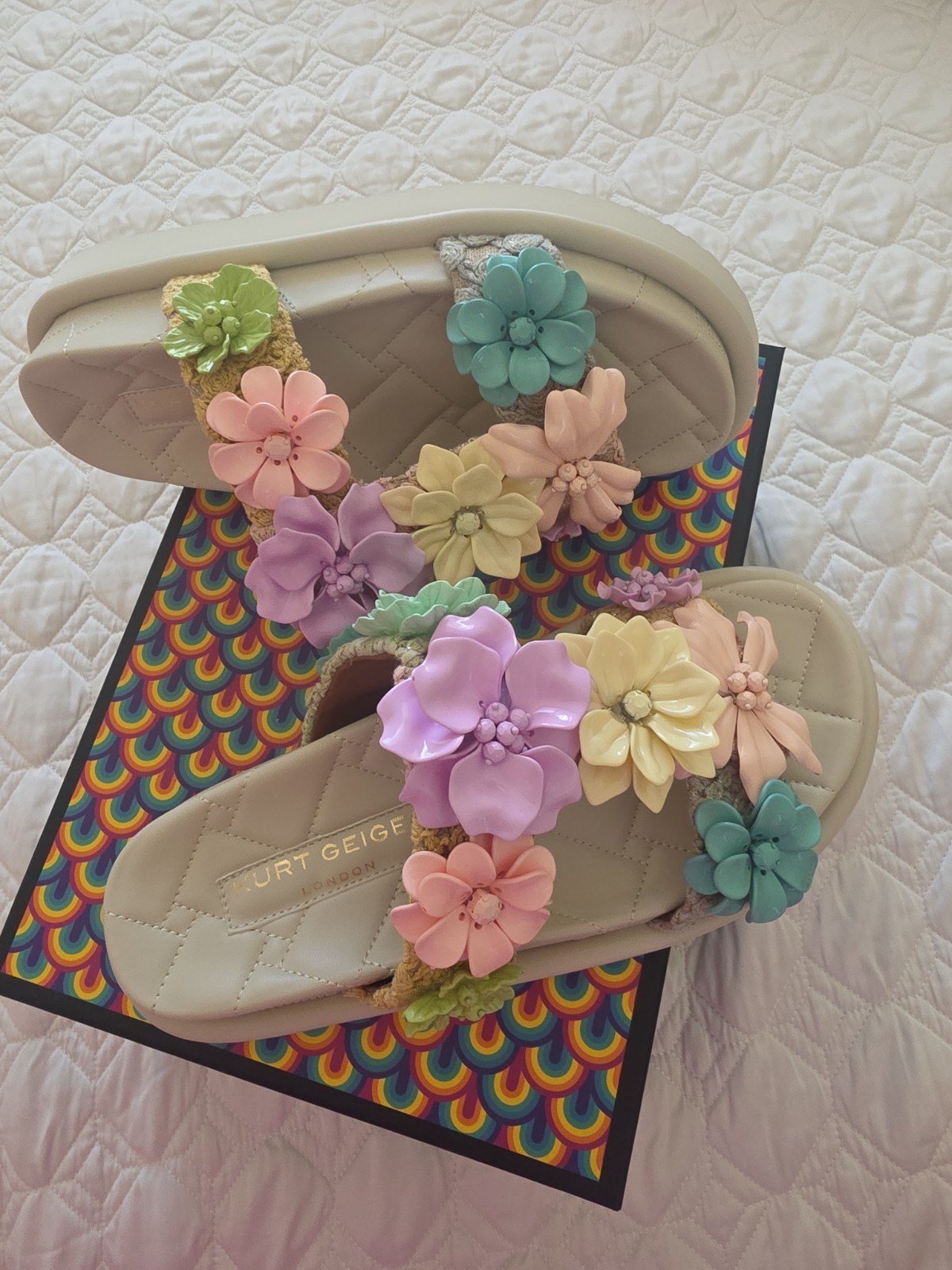 Kurt Geiger Womens Floral Flower Slide Sandals Beige/Multicolor US 8