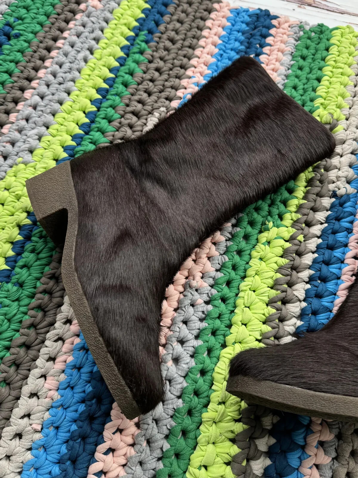 Vintage Women Real Fur Calf Hair Mid Calf Boots Chunky Sole Winter Leather Shoes