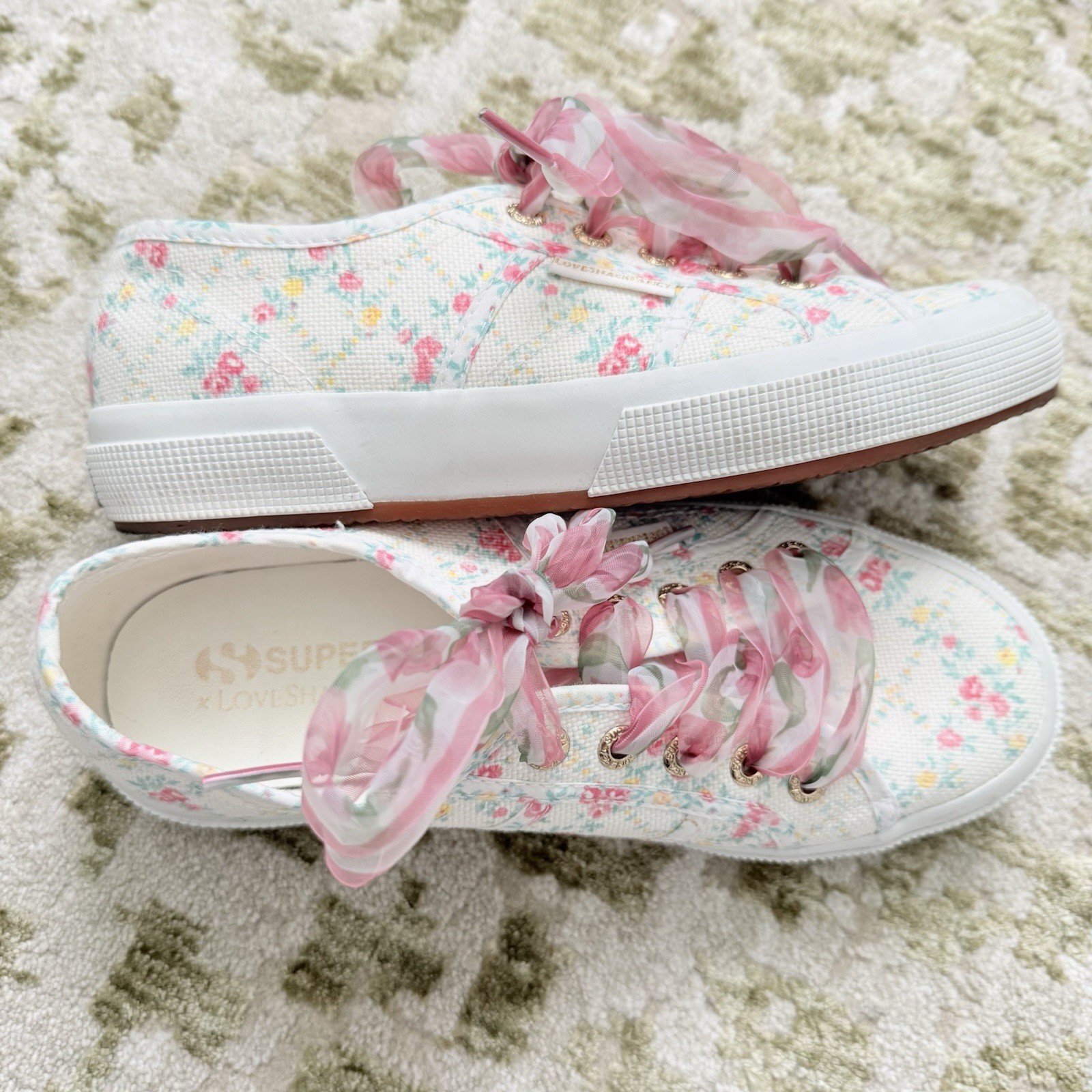 Superga x LoveShackFancy Floral Ribbon Sneakers Size 37 White Pink