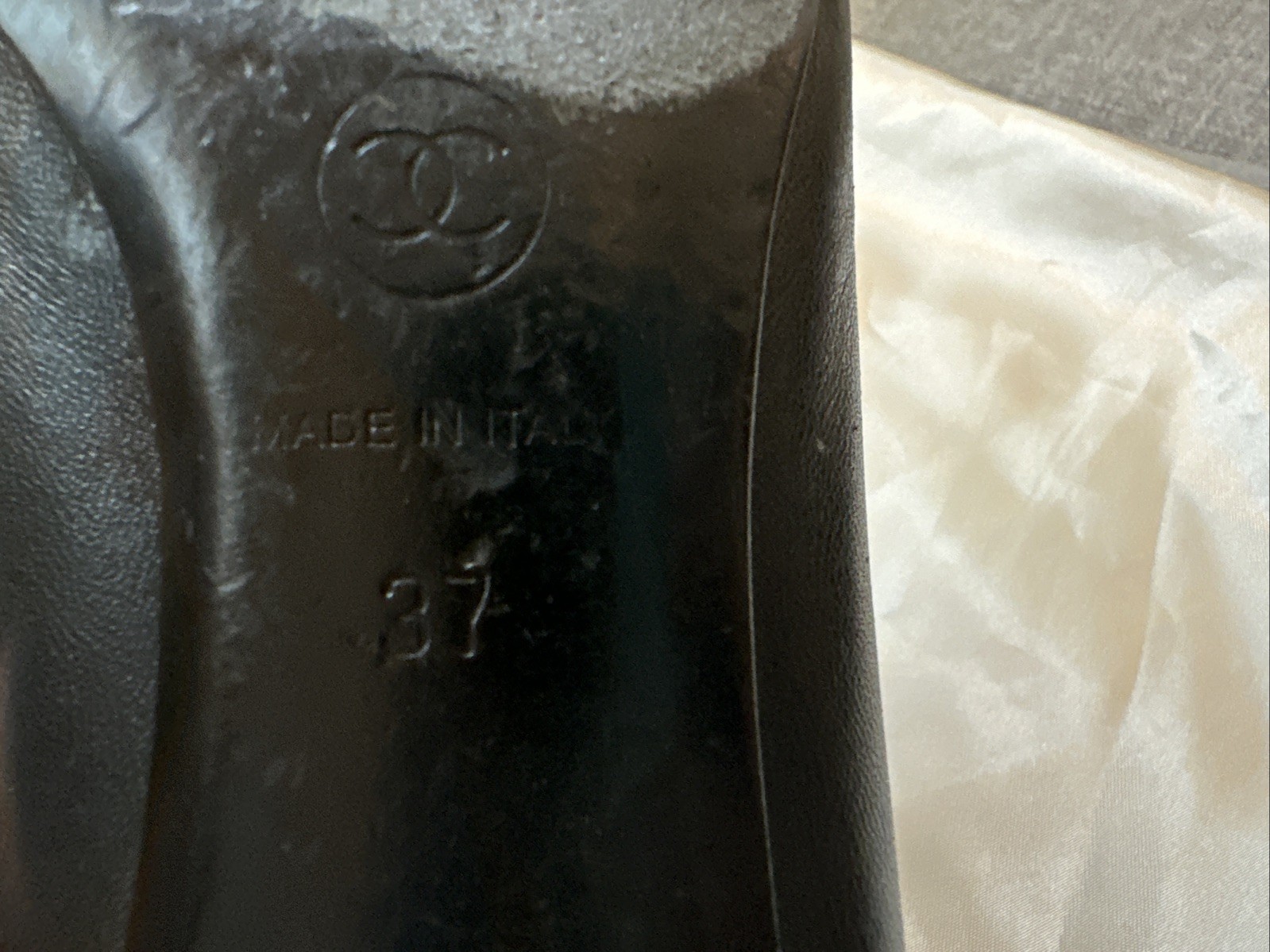 CHANEL Black Patent Leather CC Logo Cap-Toe Pump Heel Wedge Size 37