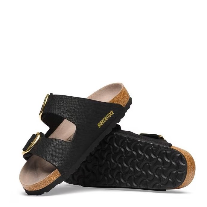 BIRKENSTOCK ARIZONA BIG BUCKLE PYTHON BLACK MEDIUM/NARROW WIDTH SLIDE SANDALS