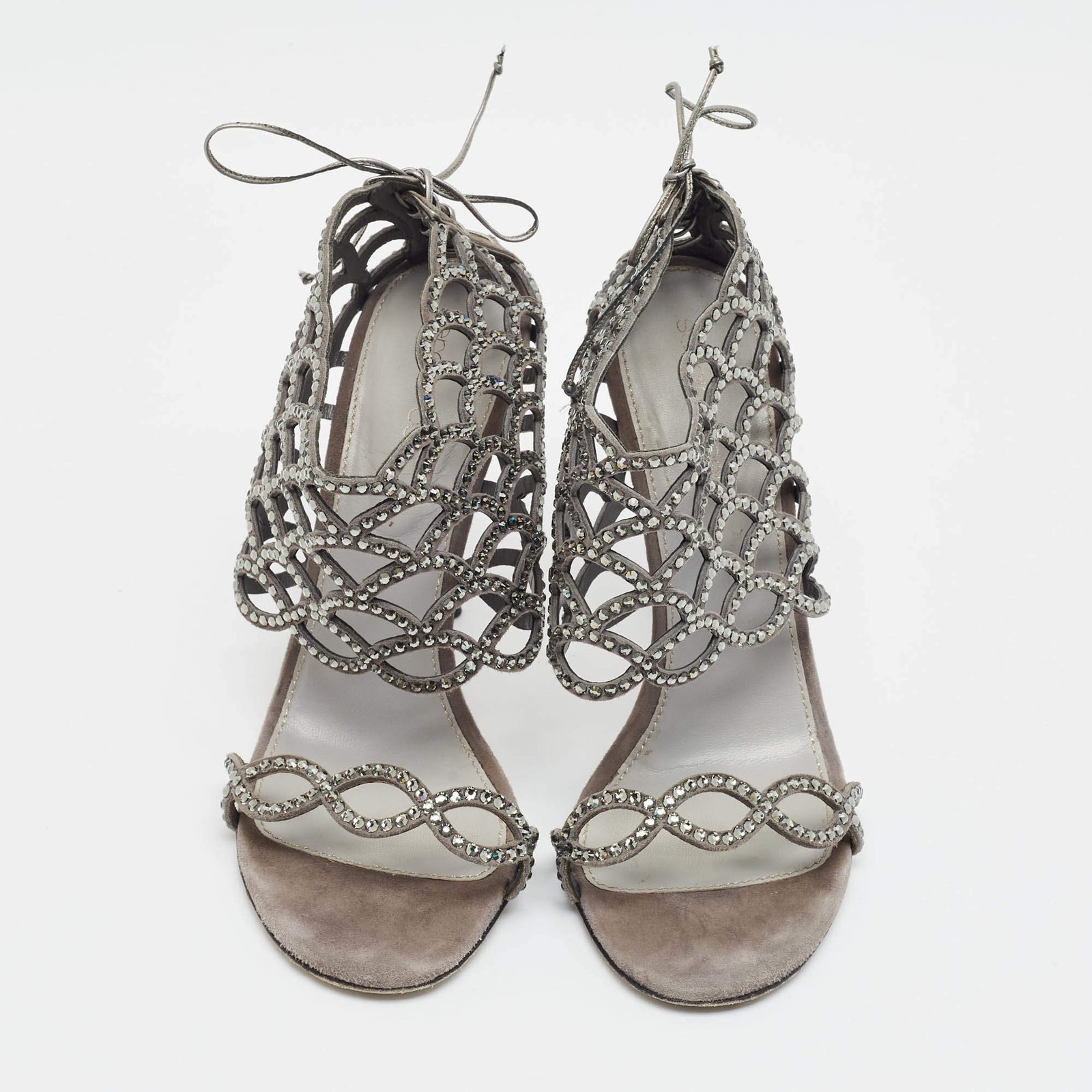 Sergio Rossi Size 39 Grey Suede Crystal Embellished Ankle Strap Sandals