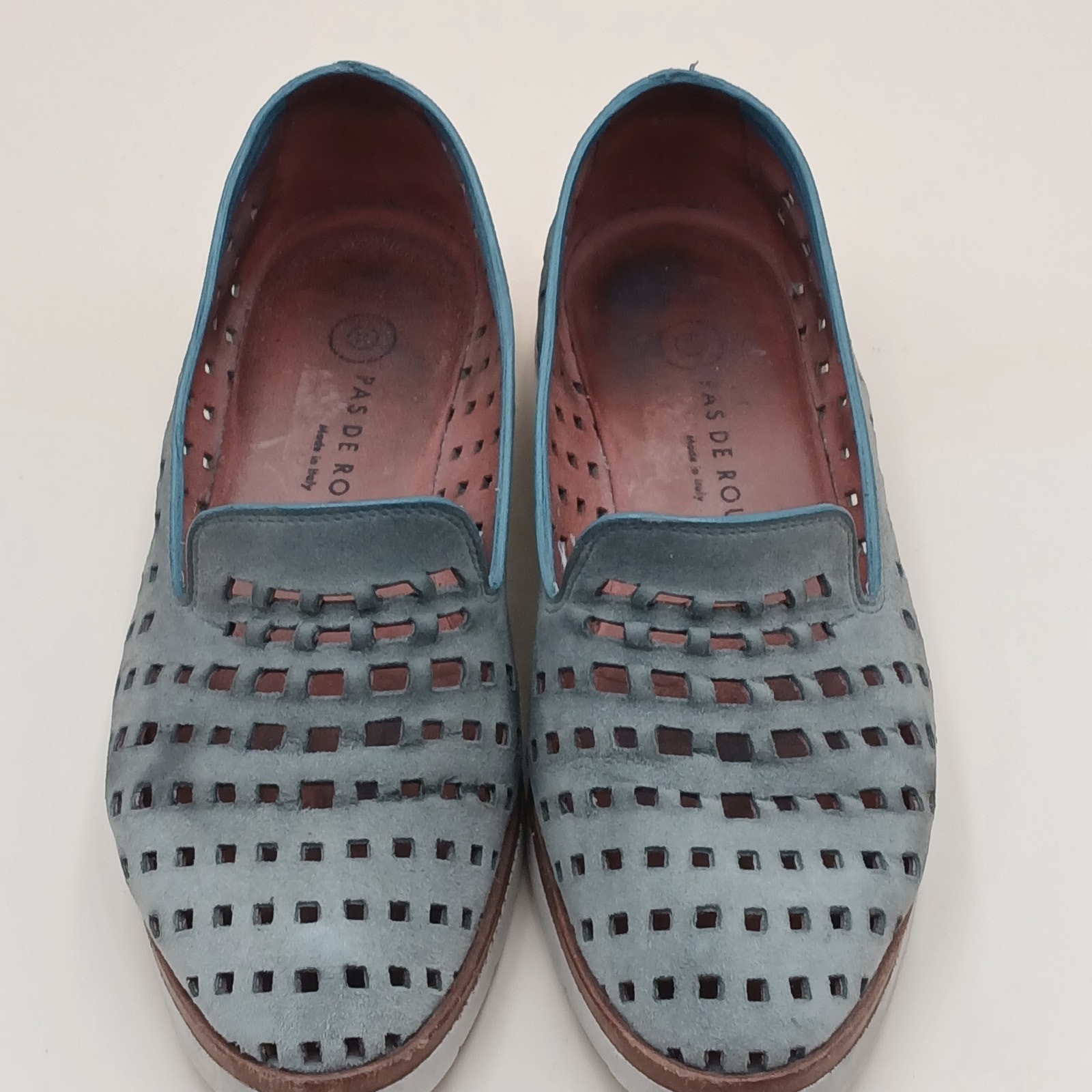 Navy Blue Suede PAS DE ROUGE Loafer Square Cut Outs 7.5 Eu 38