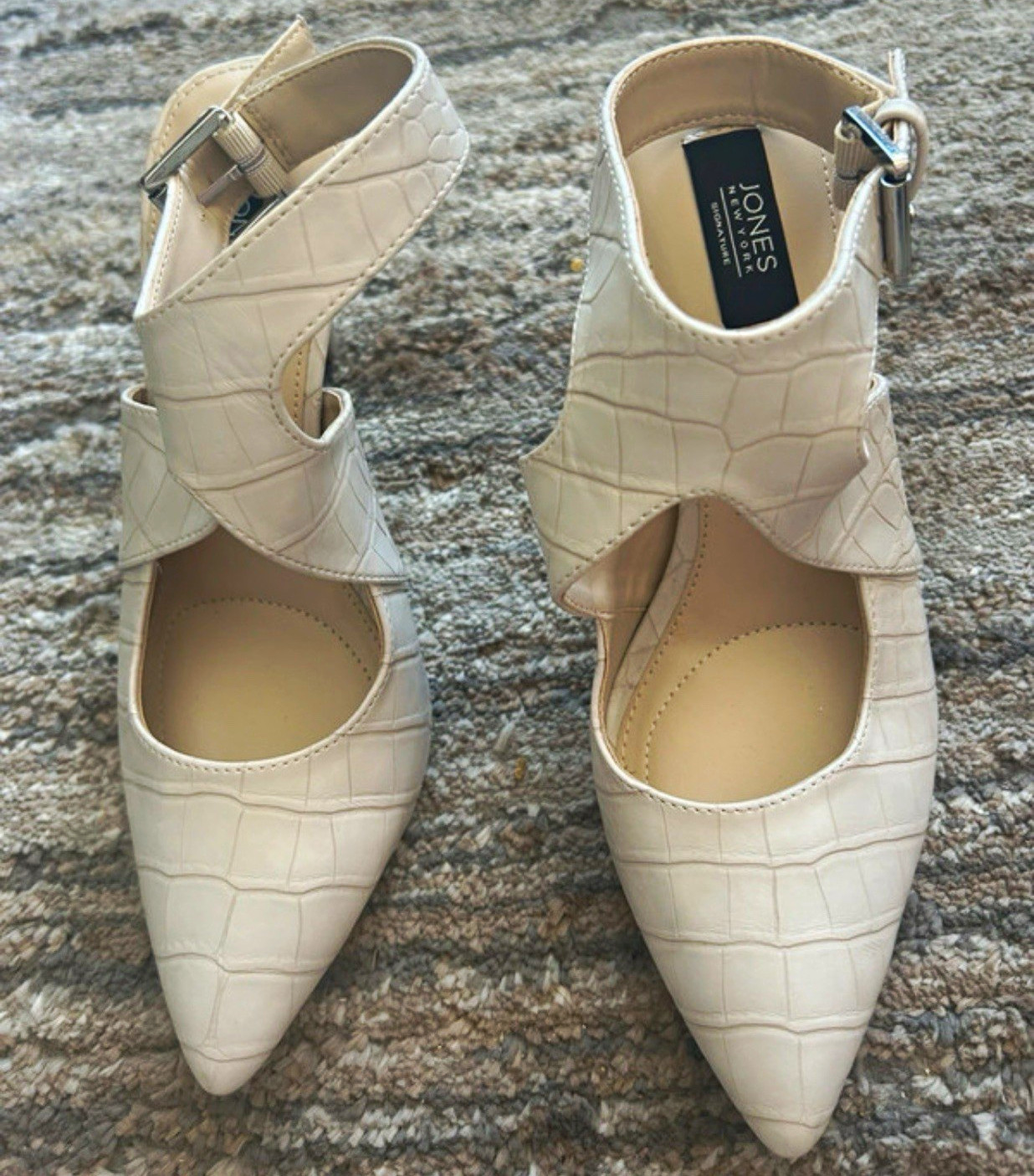 Jones New York Beige Leather Croc Embossed Pointed Toe Slingback Heels US 7.5