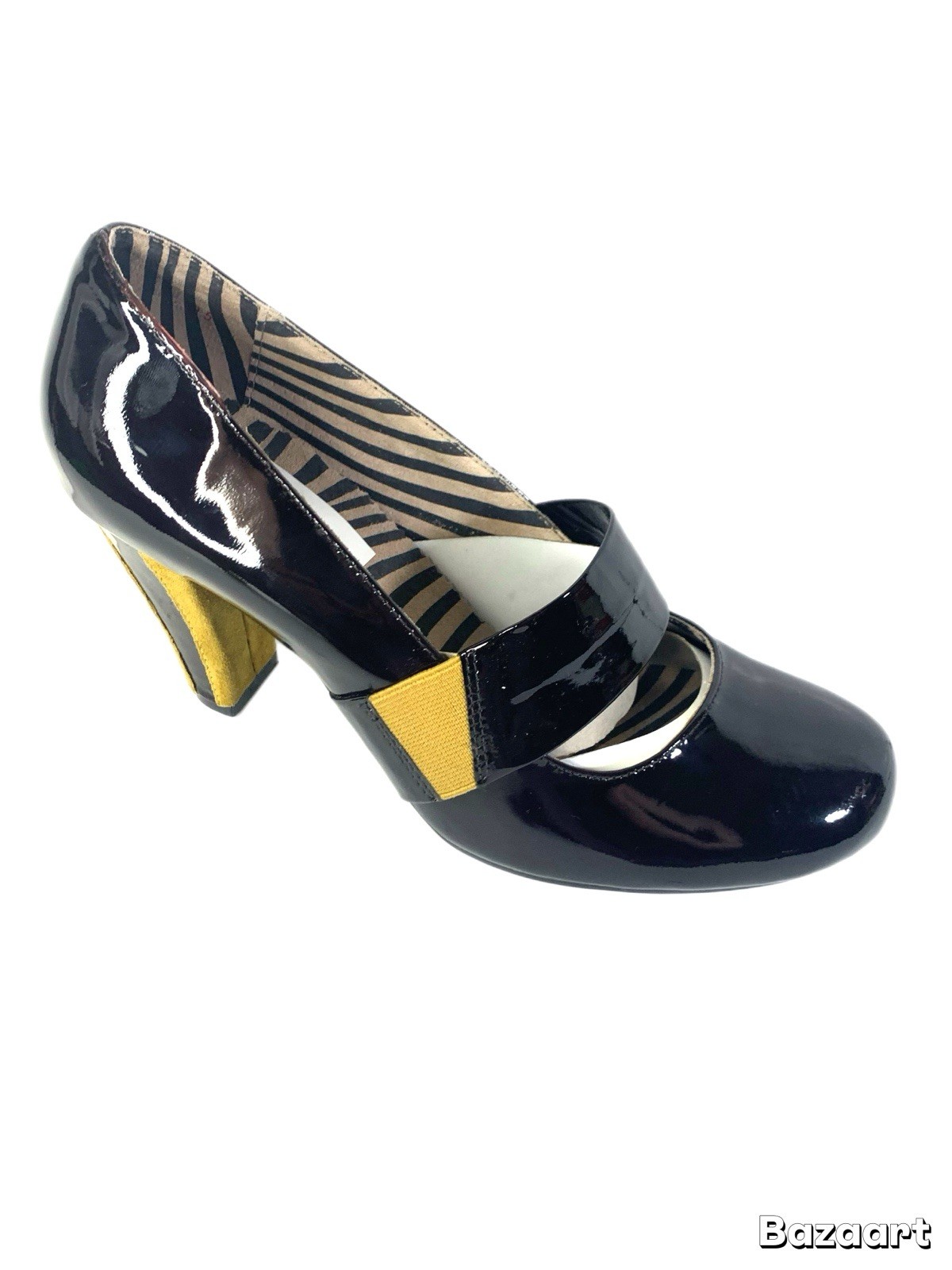Farylrobin Women’s Patent Leather Mary Jane Heels Size 9.5 Black Mustard Retro