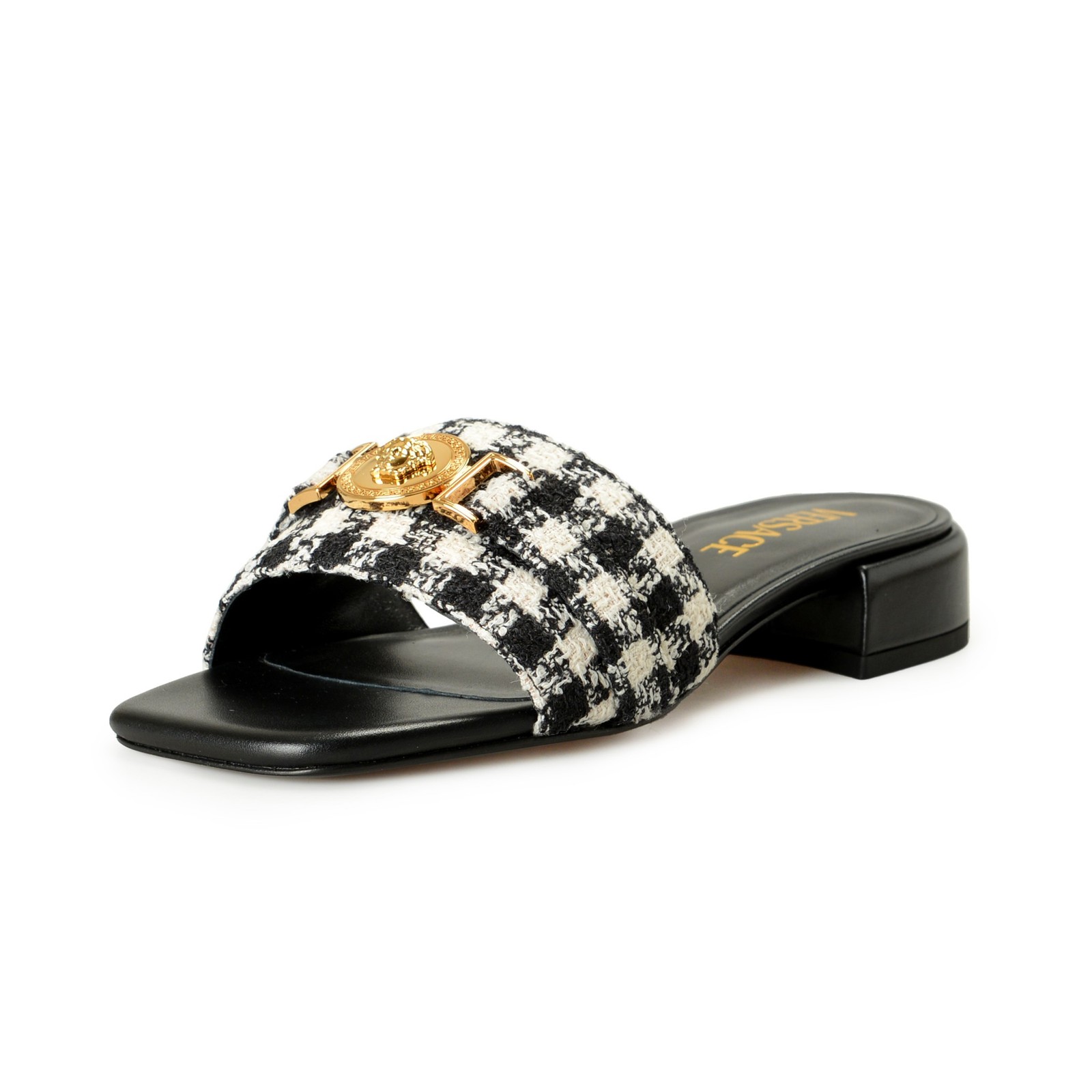 Versace Women’s Black & White Gold Medusa Plaid Sandals Mules Shoes US 6 IT 36