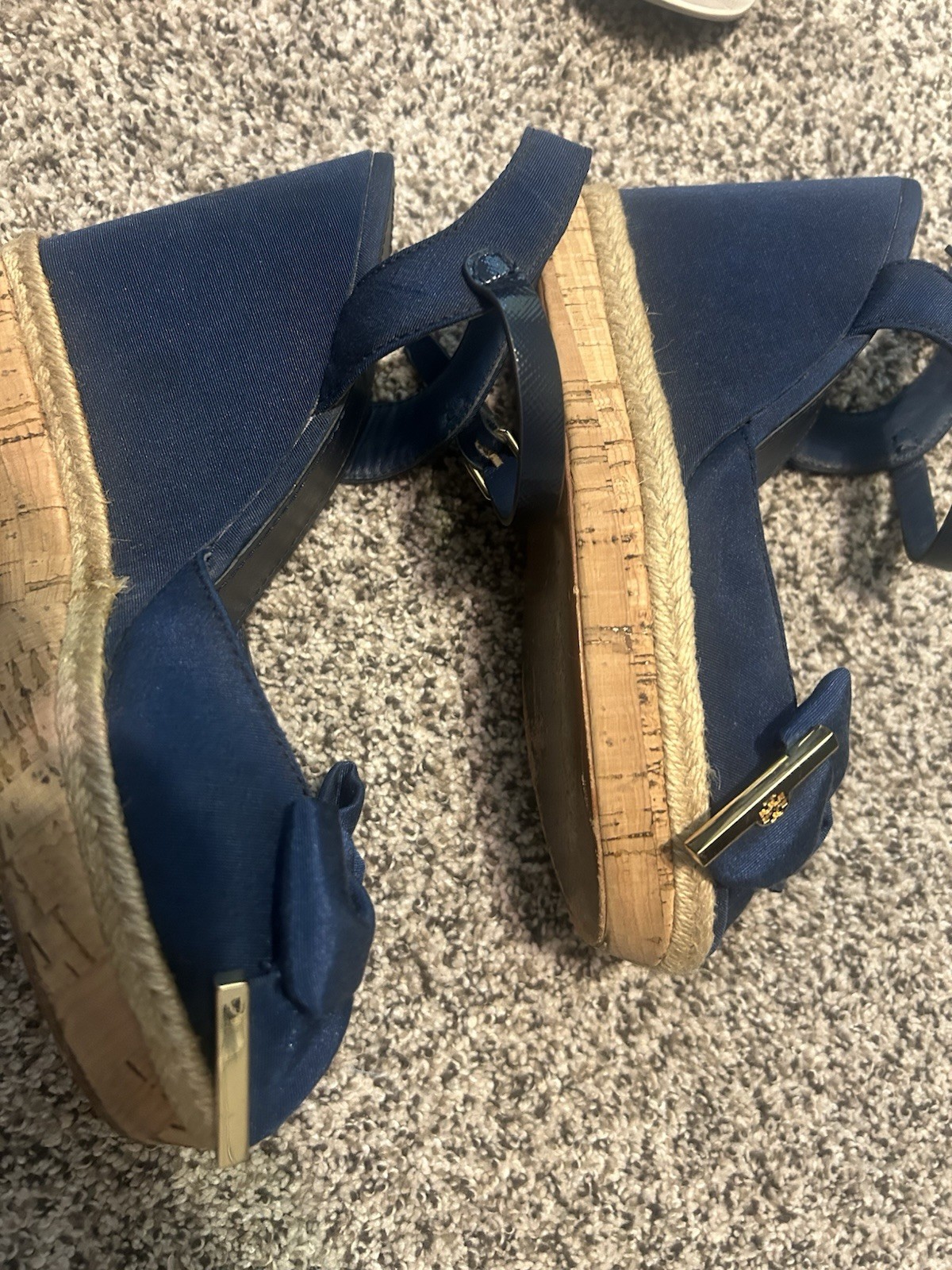 Tory Burch Blue Wedge Ankle Strap Sandals Bow Logo Buckle Women’s US 8