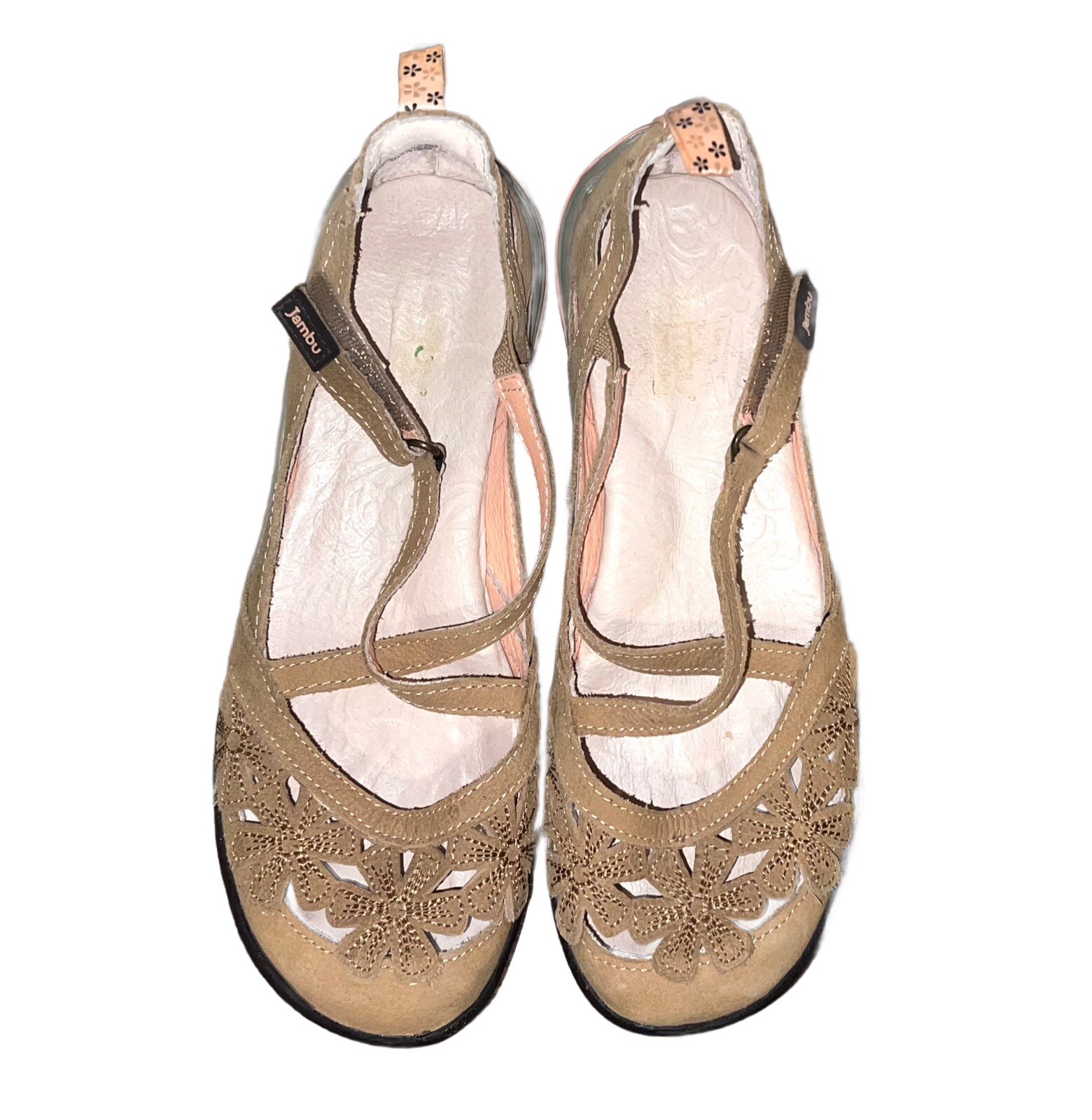 Jambu Women’s Blossom Encore Flats Shoes Tan Pink Flower Design Leather Sz 7