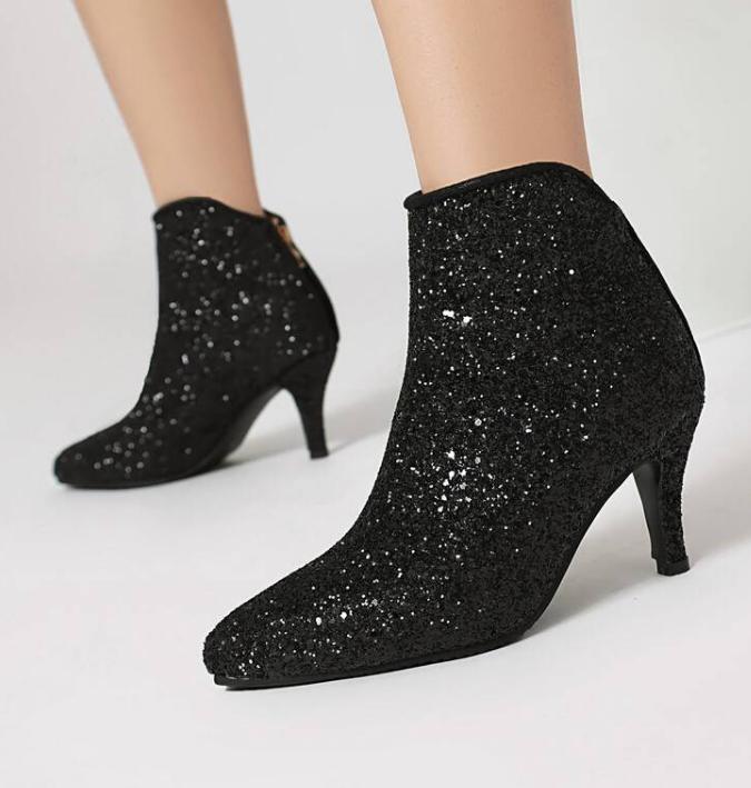 Ankle Boots High Heel Pointy Toe Casual Womens Zip Sequin Shoes Clubwear Plus Sz