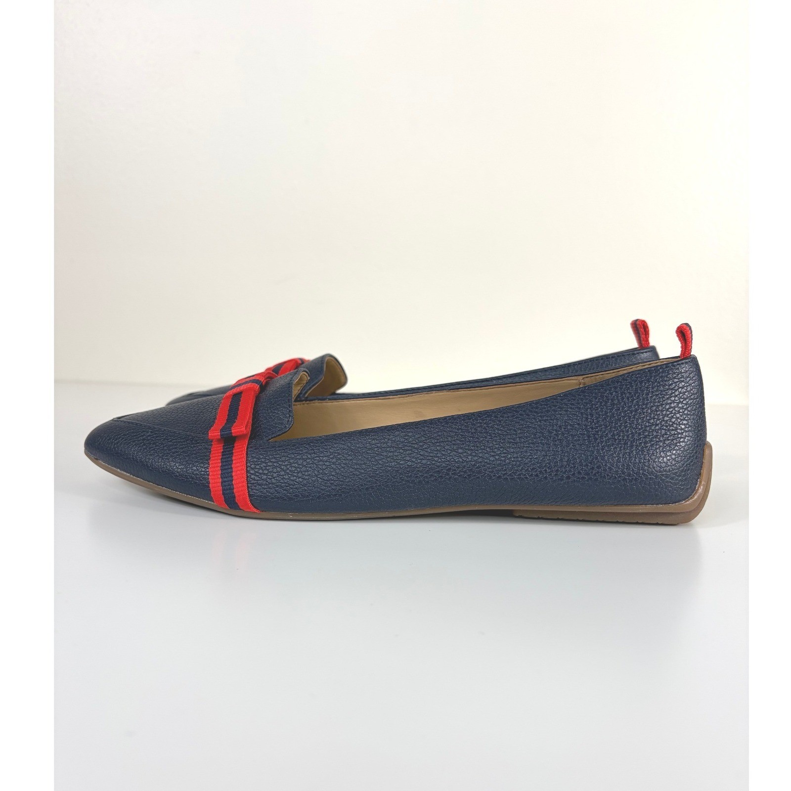 Talbots Francesca Driving Moccasin Grosgrain Bow Navy Red Size 7.5 AA NWOT Prep