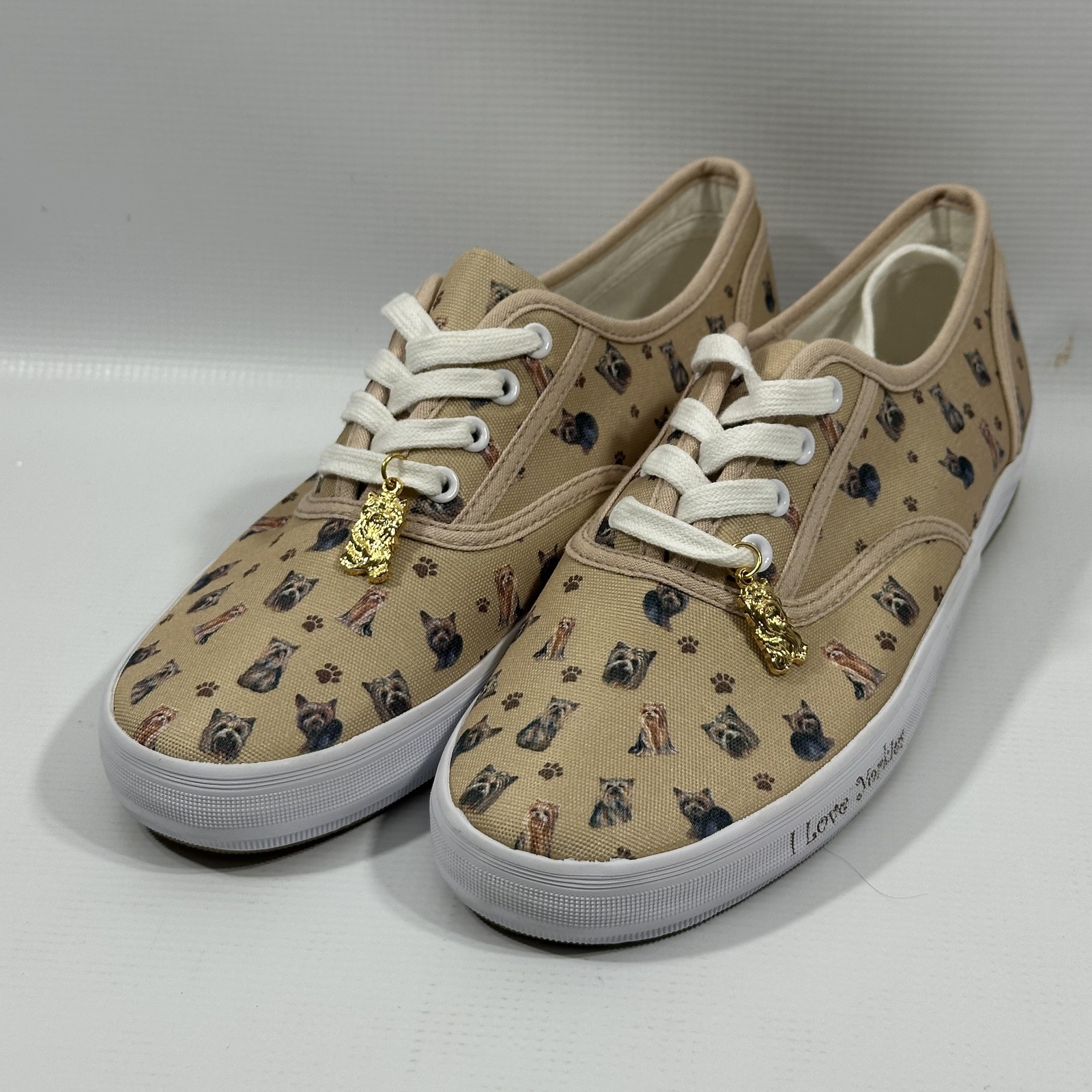 Bradford Exchange I Love Yorkies Shoes Womens Size 8 Beige Yorkie Print Sneakers