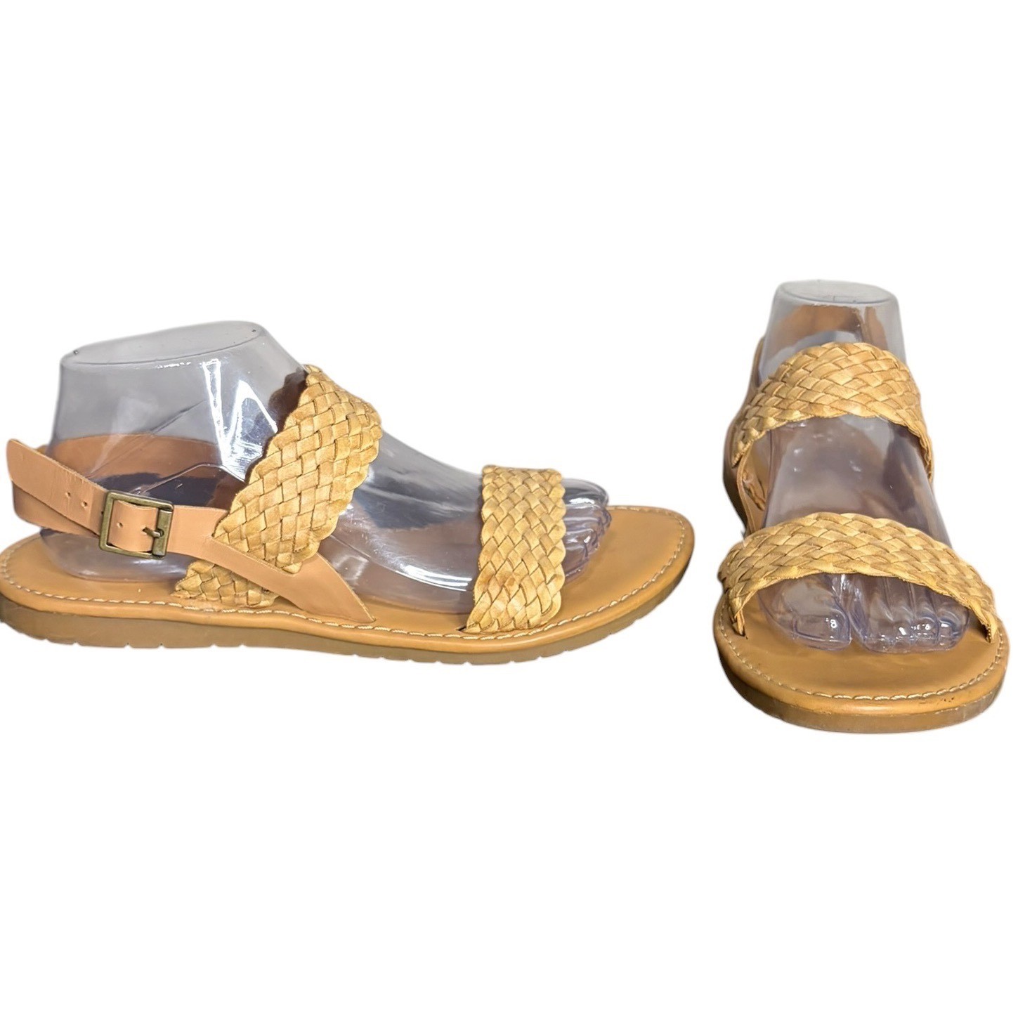 Korks Tan Flat Sandals Woven Straps Buckle Ankle Women’s Size 10