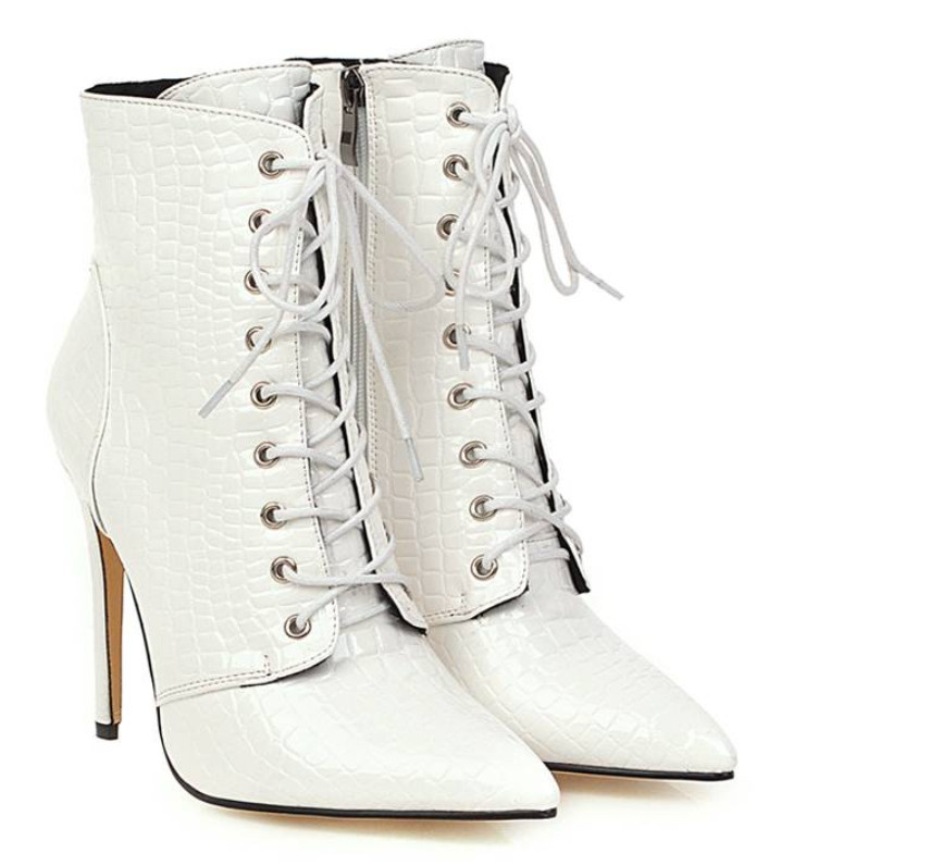 Snakeskin Pattern Women’s Lace Up Ankle Boots Stilettos Heels Shoes Pointed Toe