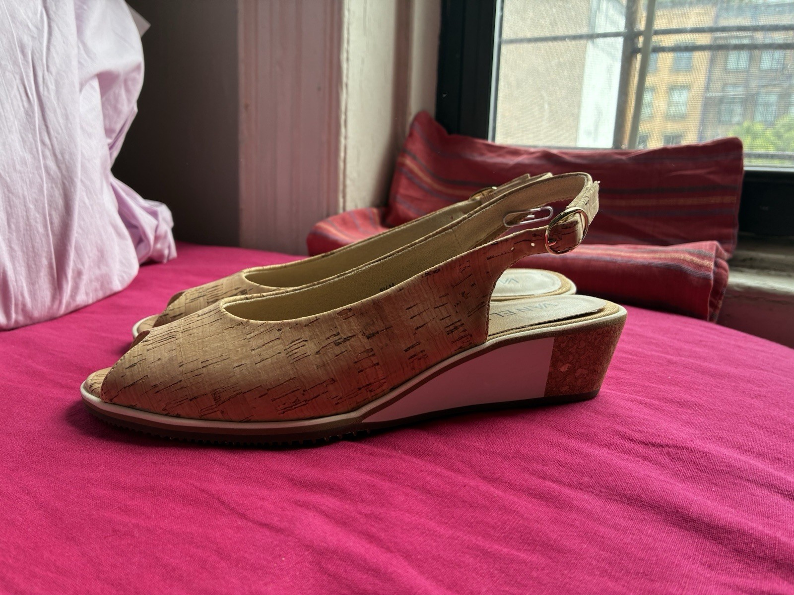 Vaneli Women’s Cork Slingback Wedge Peep Toe Buckle Beige US 8-8.5 M