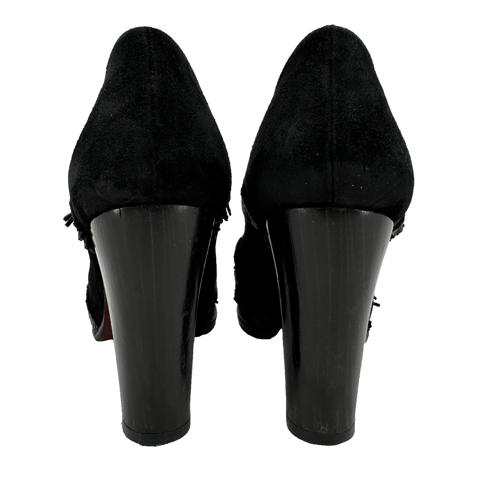 Chie Mihara Black Suede Ankle Peep Toe Booties EU 37 US 6.5 Fringe 3.5in Heel