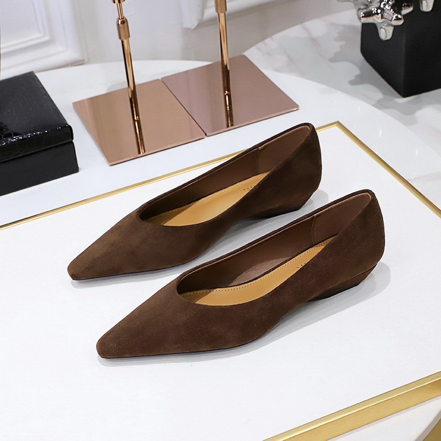 Women Burgundy Suede Pointed Toe Low Wedge Heel Slip On Office Casual Pumps
