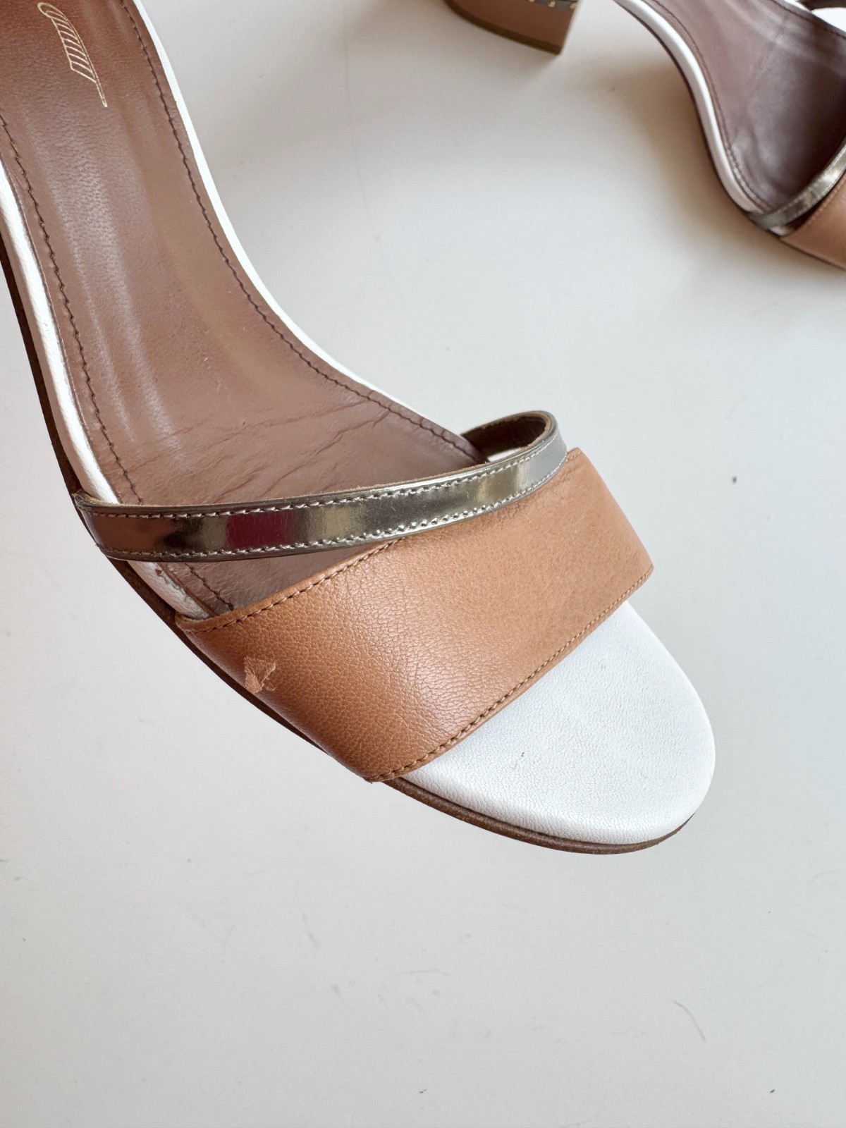 MAIYET Brown White Gold Colorblock Studded Stacked Block Heel Sandals, Size 39