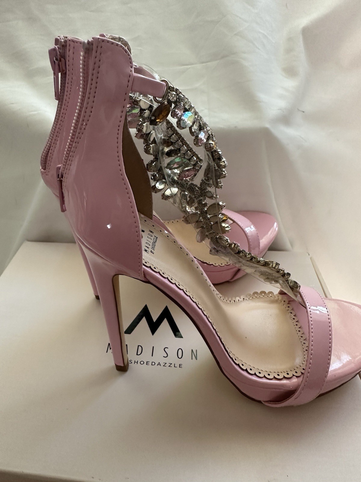 Madison by Shoedazzle Pink Patent Rhinestone Strappy Stiletto Sandals Zip 6.5
