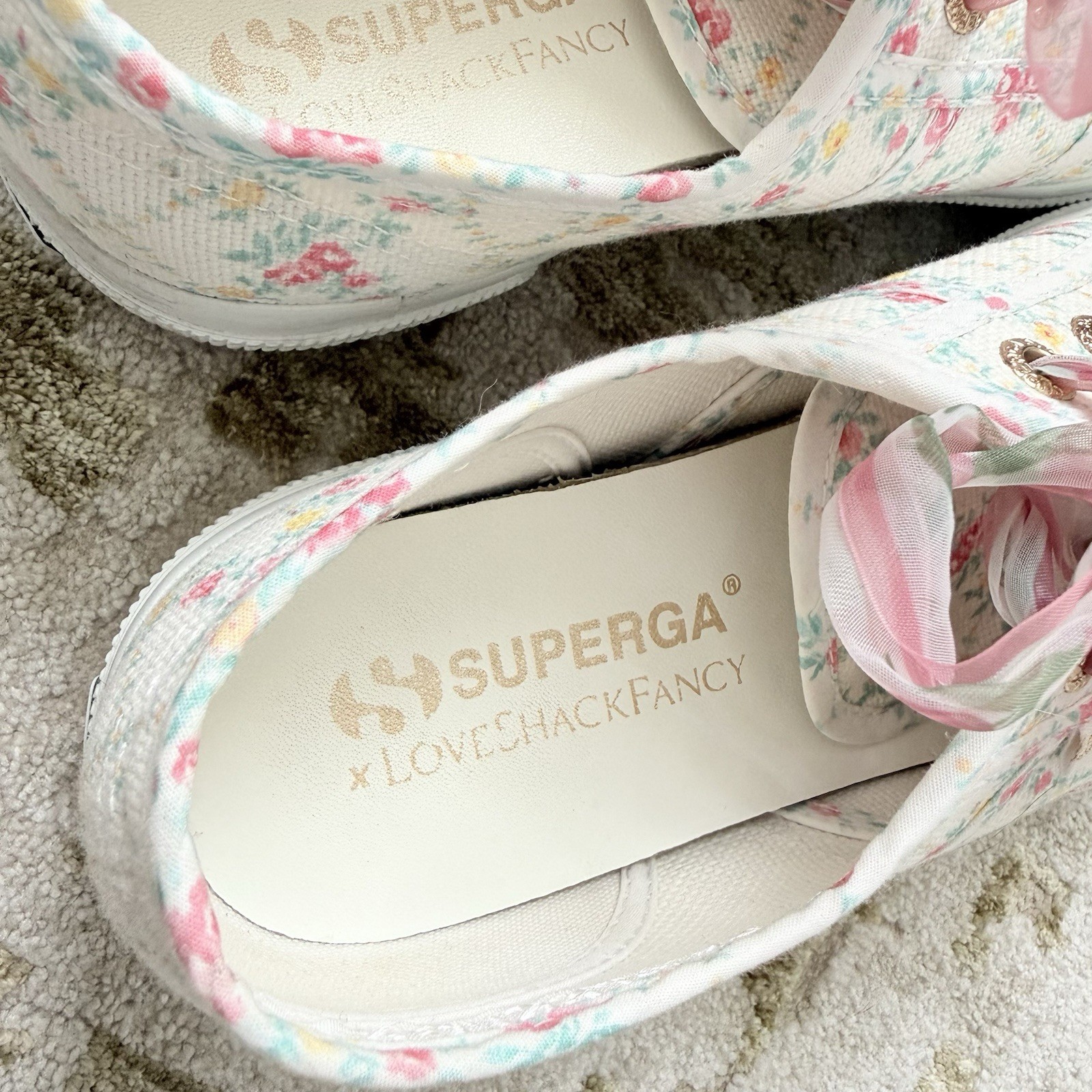 Superga x LoveShackFancy Floral Ribbon Sneakers Size 37 White Pink