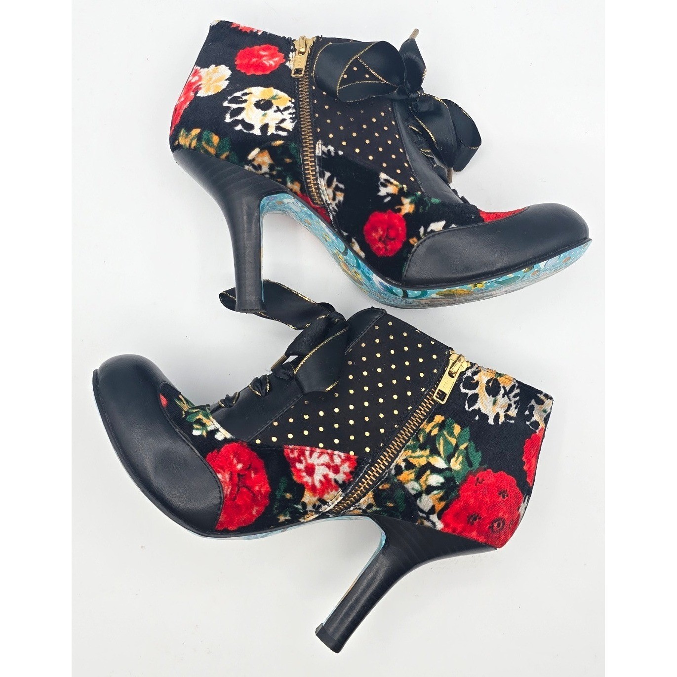 Irregular Choice Floral Velvet Ribbon Lace Ankle Boots Gold Polka Dot EU40 US 9